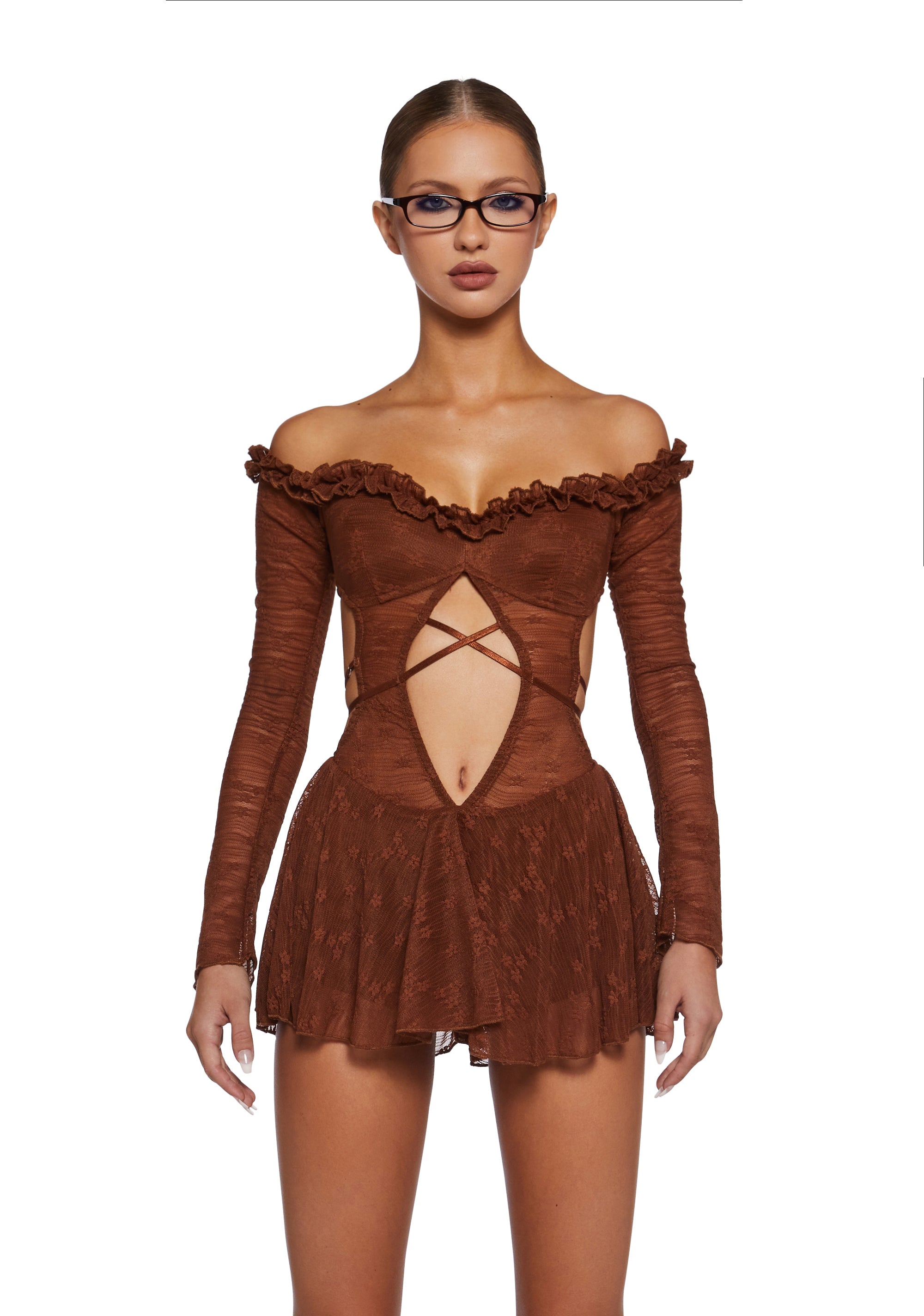 Off The Shoulder Mesh Long Sleeve Dress - Brown Dolls Kill Off The Shoulder Mesh Long Sleeve Dress - Brown Dolls Kill