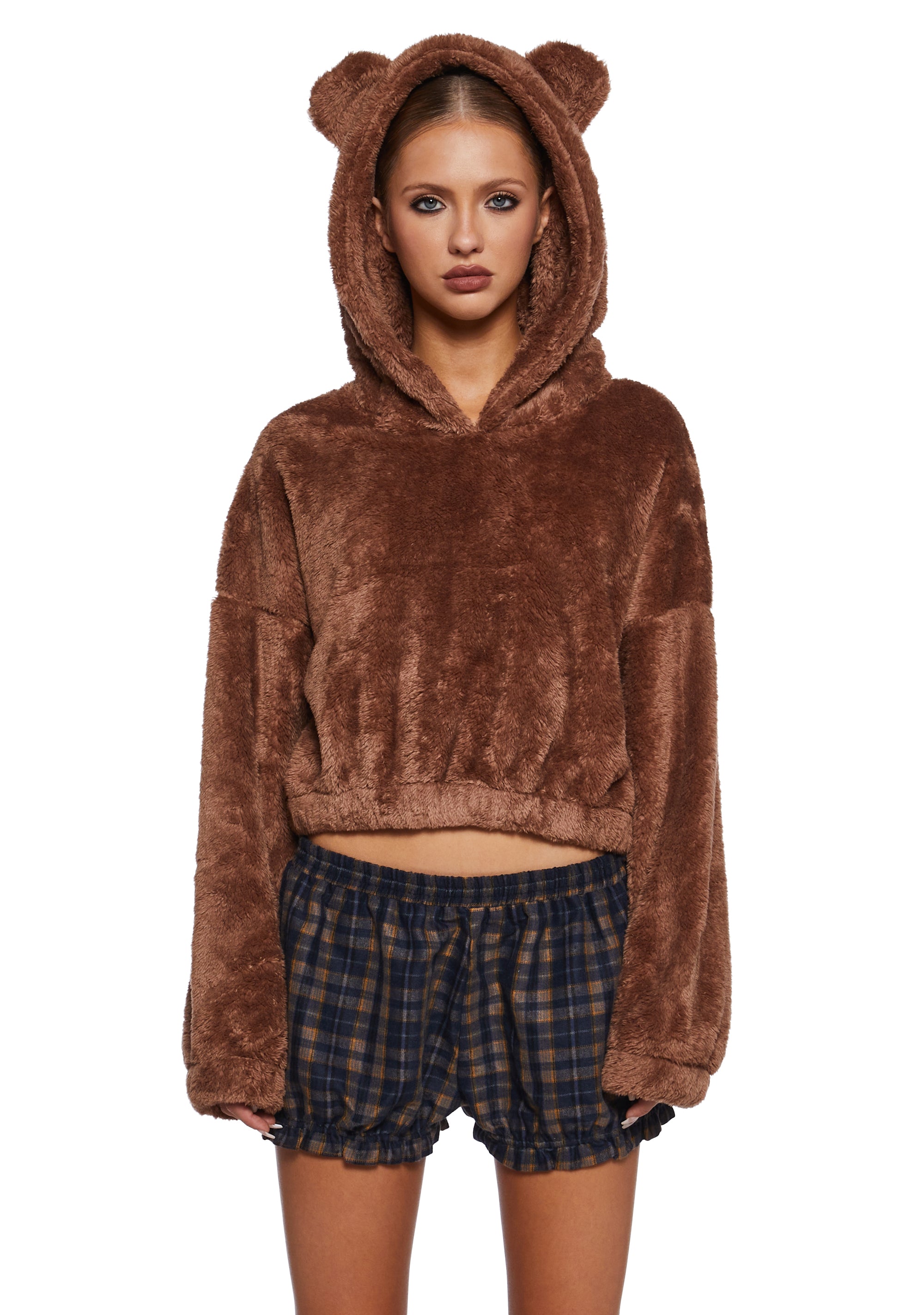 Cozy Fuzzy Faux Fur Cropped Bear Pullover Hoodie Brown Dolls Kill
