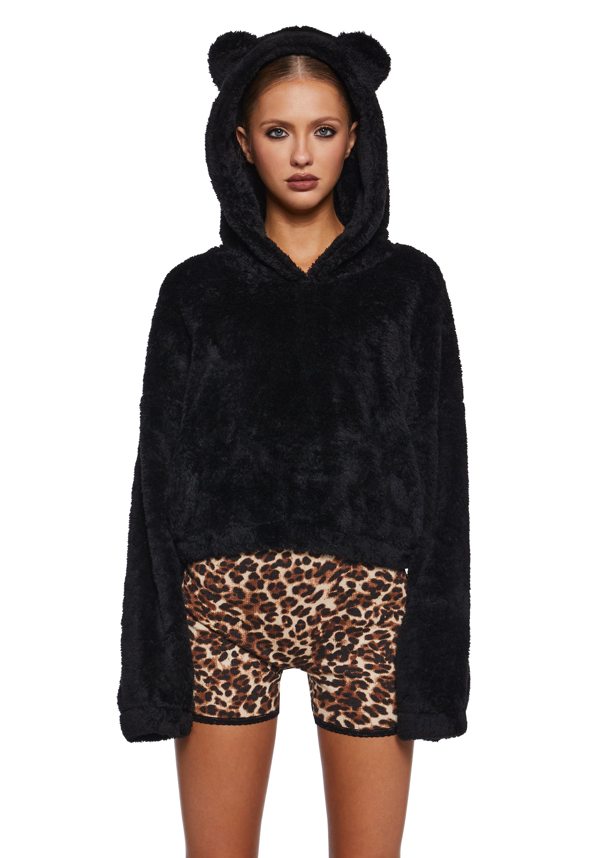 Cozy Fuzzy Faux Fur Cropped Bear Pullover Hoodie Black Dolls Kill