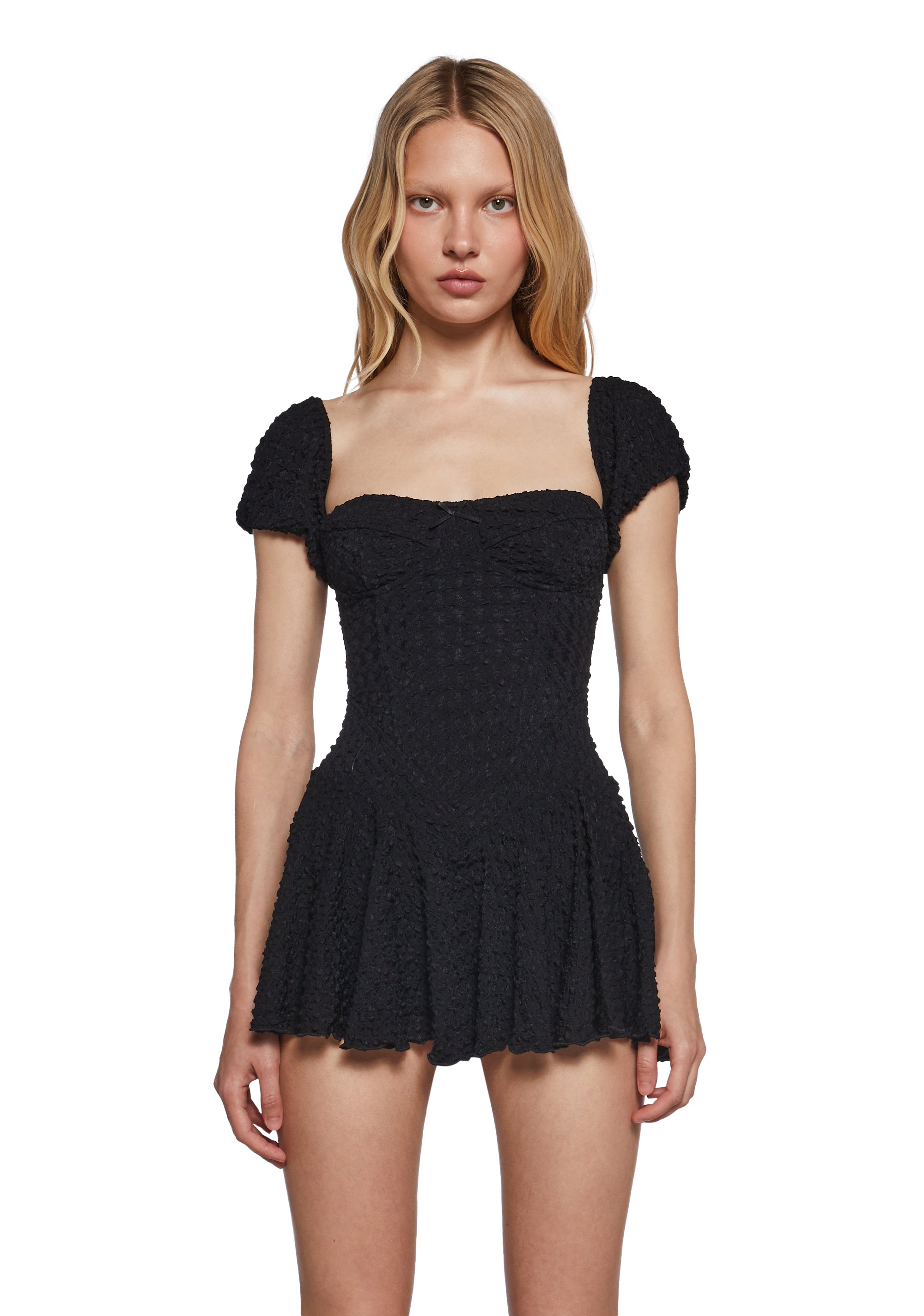 Womens Textured Fit N Flare Mini Dress With Puffy Sleeves - Black Dolls Kill Womens Textured Fit N Flare Mini Dress With Puffy Sleeves - Black Dolls Kill