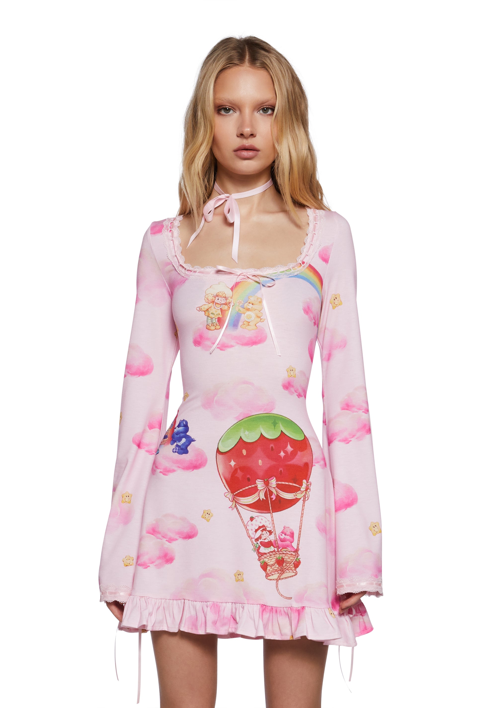 Dolls Kill | Care Bears x Strawberry Shortcake Print Mini Dress With Bell Sleeves Dolls Kill | Care Bears x Strawberry Shortcake Print Mini Dress With Bell Sleeves