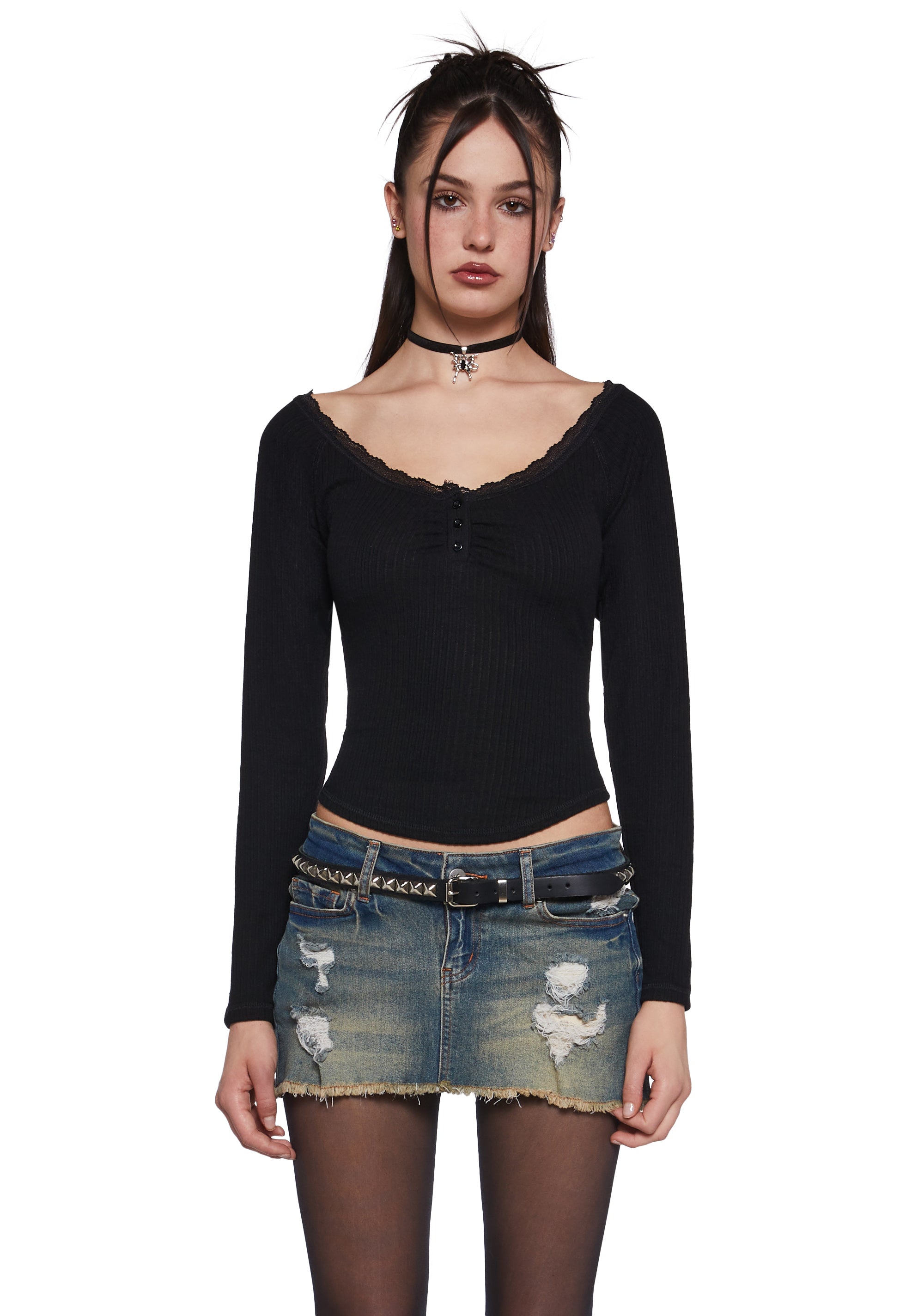 Womens Long Sleeve Ribbed Top With Lace - Black – Dolls Kill