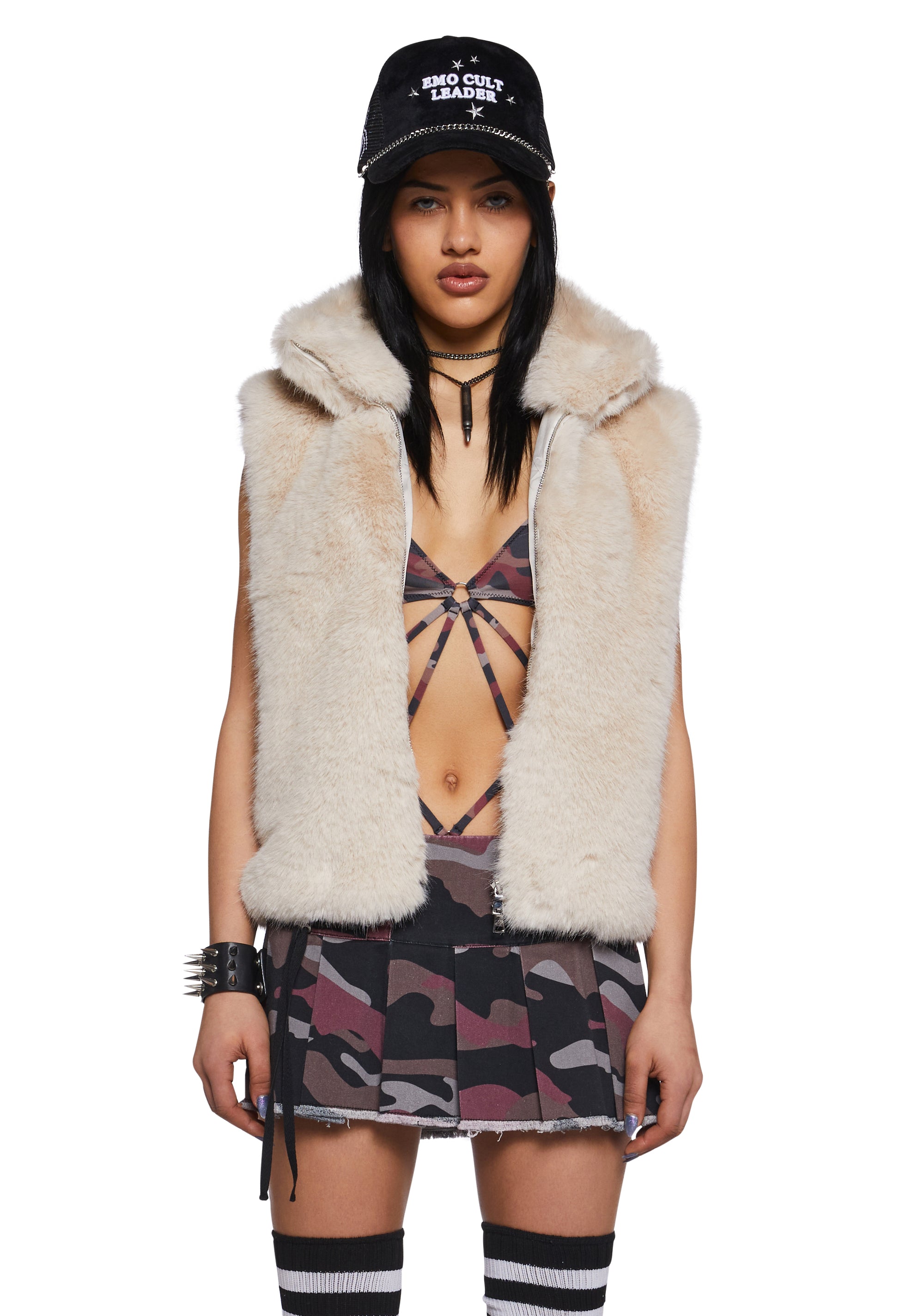 Hooded Fake Fur Vest Off White