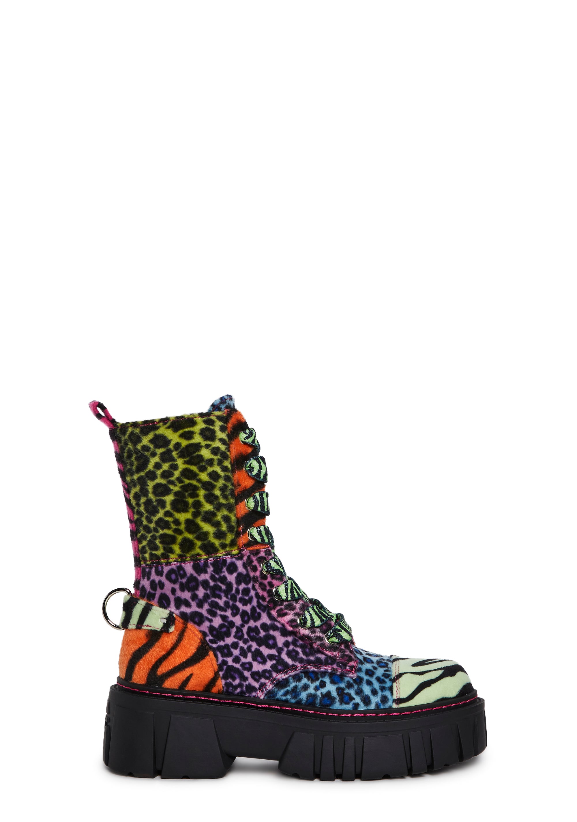 Patchwork Animal Print Combat Boots With Lace-Ups And Side