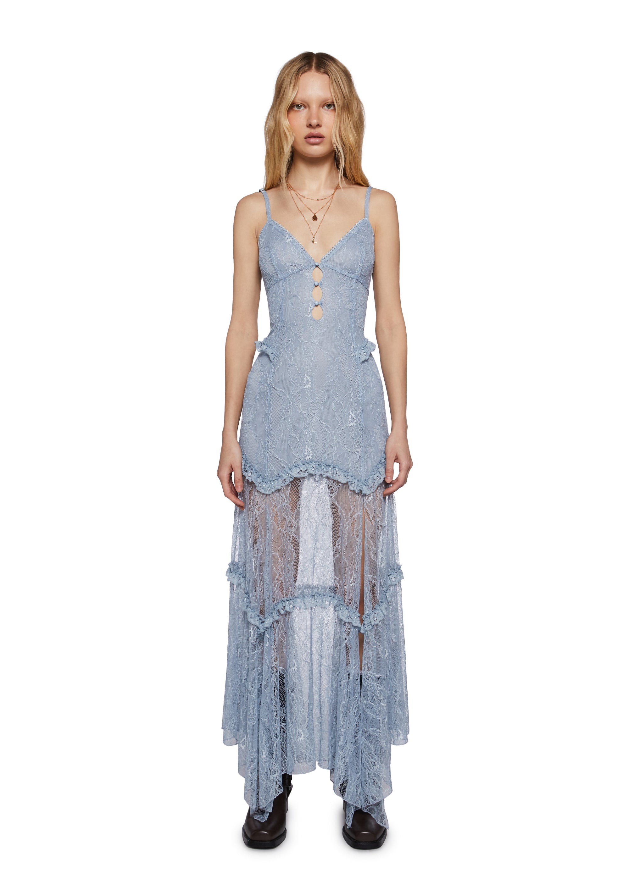 Womens Lace Maxi Dress With Ruffles And Cut Outs Current Mood- Blue Dolls Kill Womens Lace Maxi Dress With Ruffles And Cut Outs Current Mood- Blue Dolls Kill