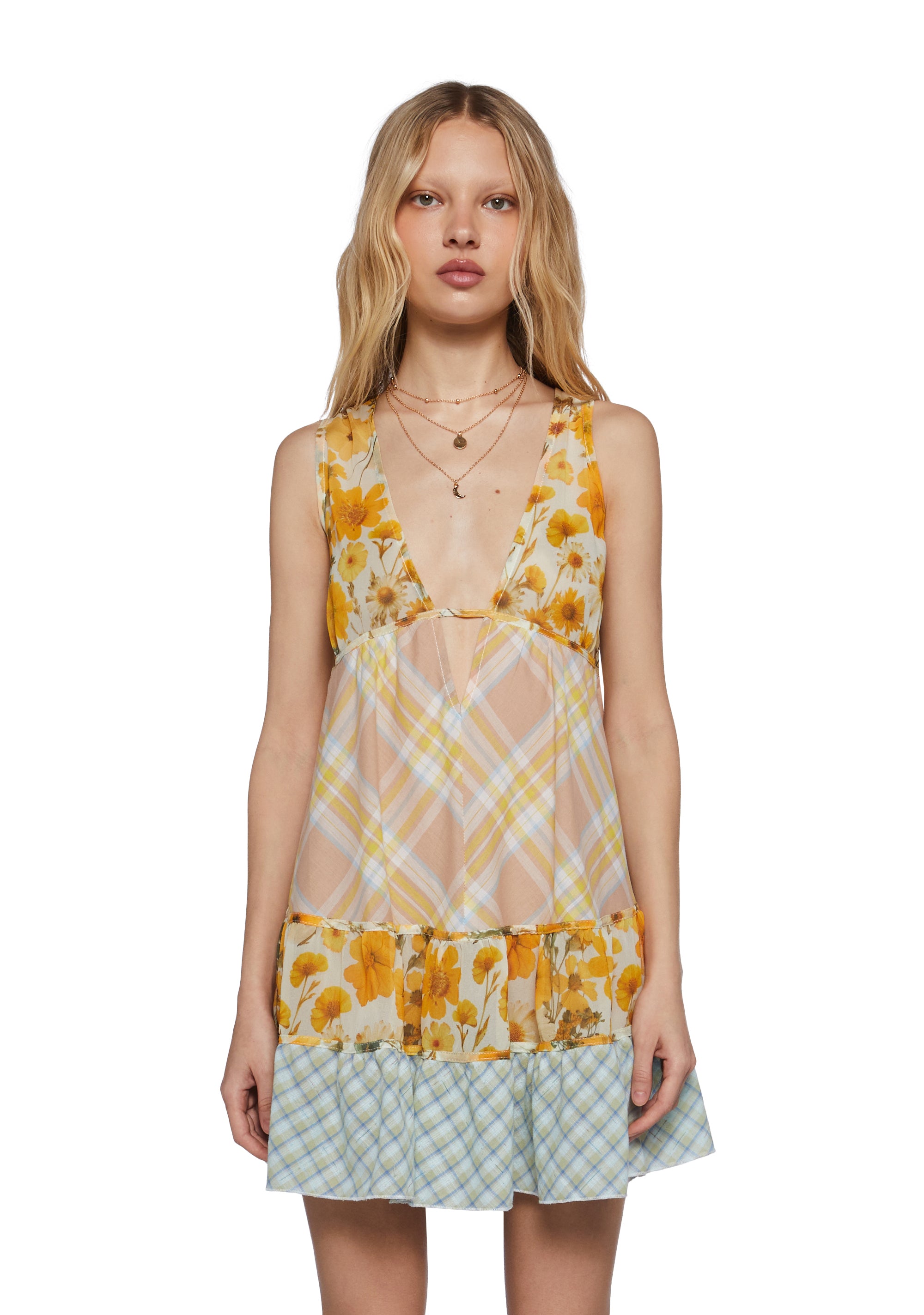 Womens Sheer Mesh Cotton Patchwork Floral Trapeze Babydoll