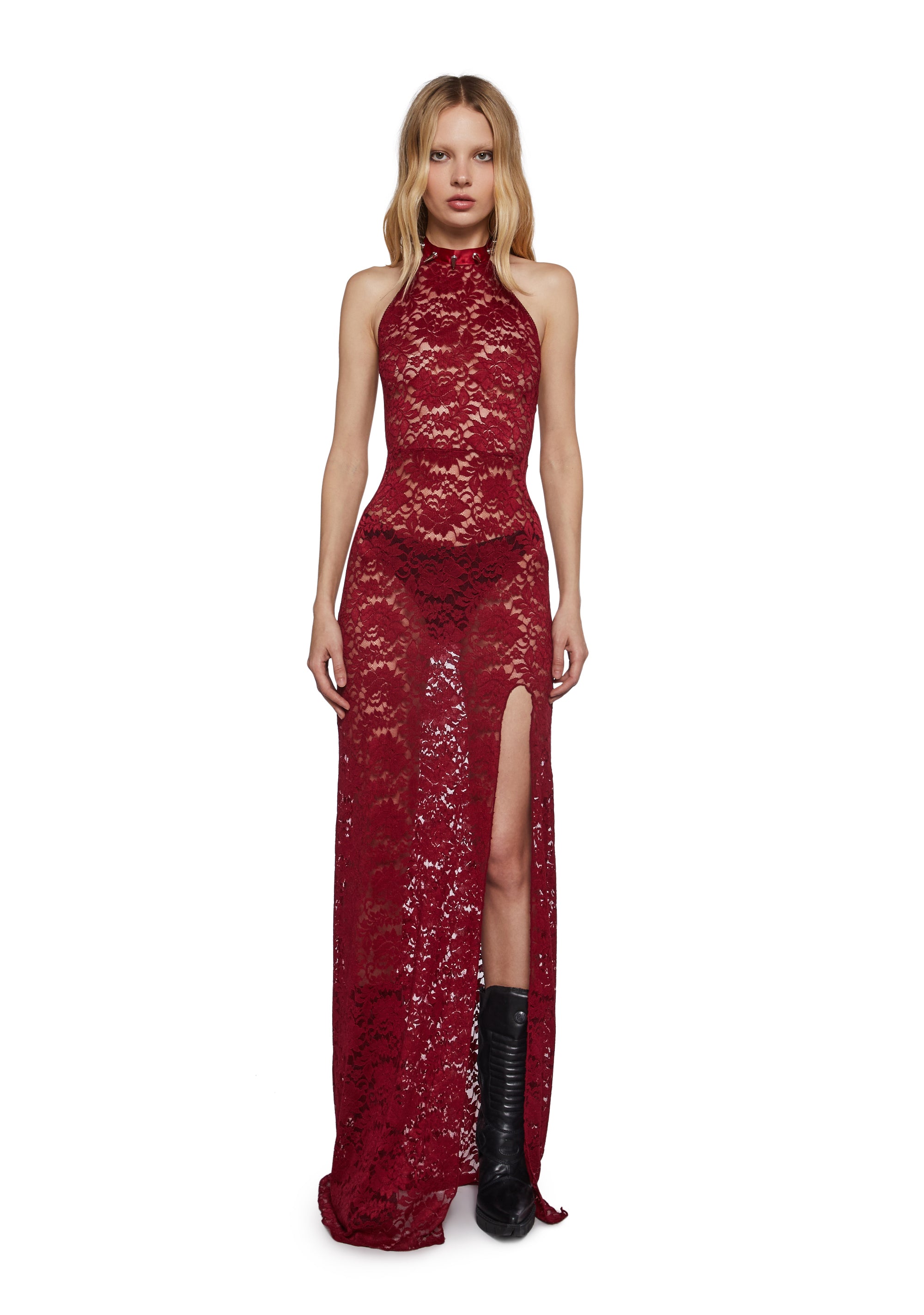 Womens Sheer Lace Maxi Dress With Spiked Details Widow - Red Dolls Kill Womens Sheer Lace Maxi Dress With Spiked Details Widow - Red Dolls Kill