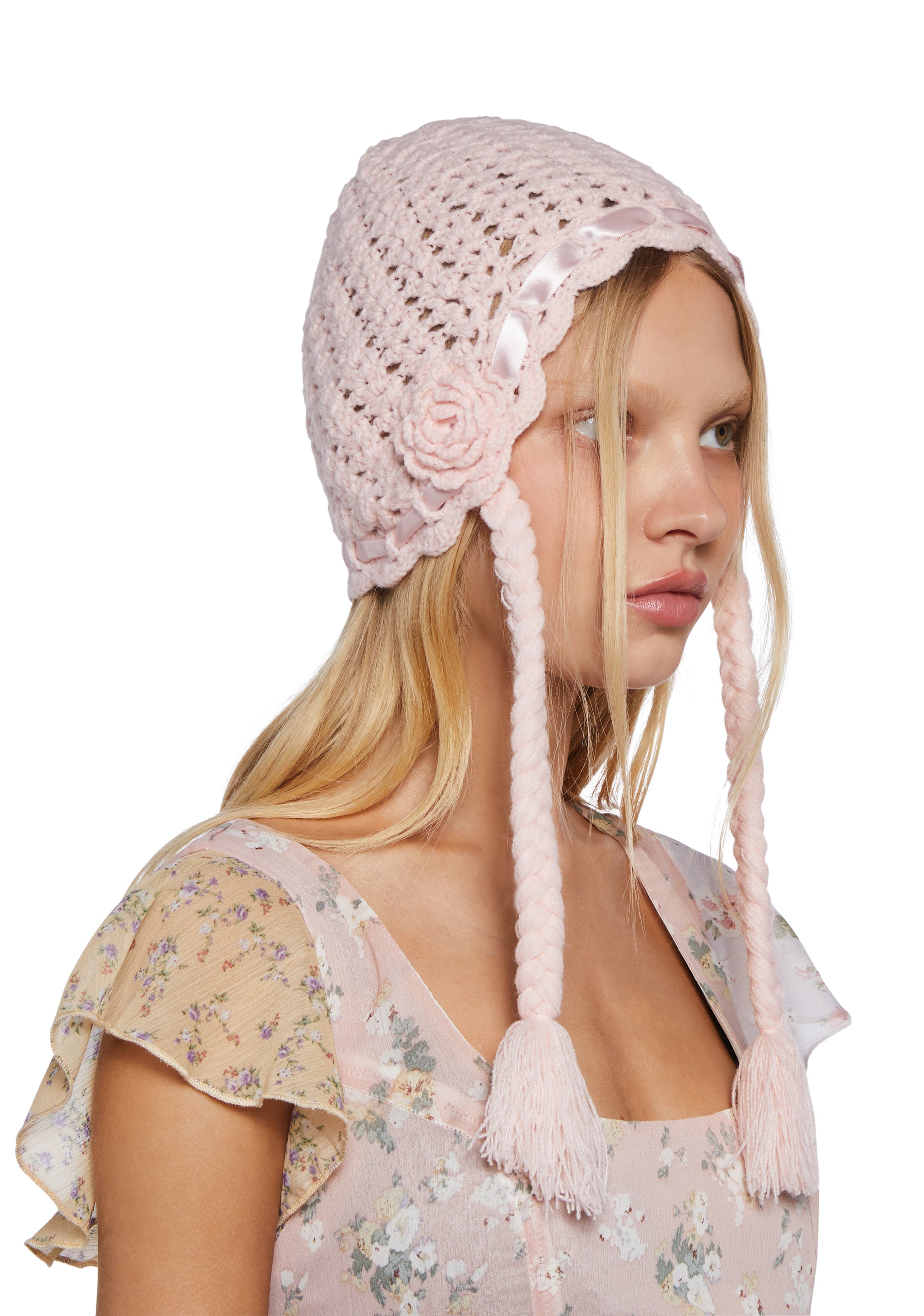 【DOLLS KILL】Friendly Persuasion Crochet Beanie Womens Crochet Rosette Beanie With Tassels Delias - Pink