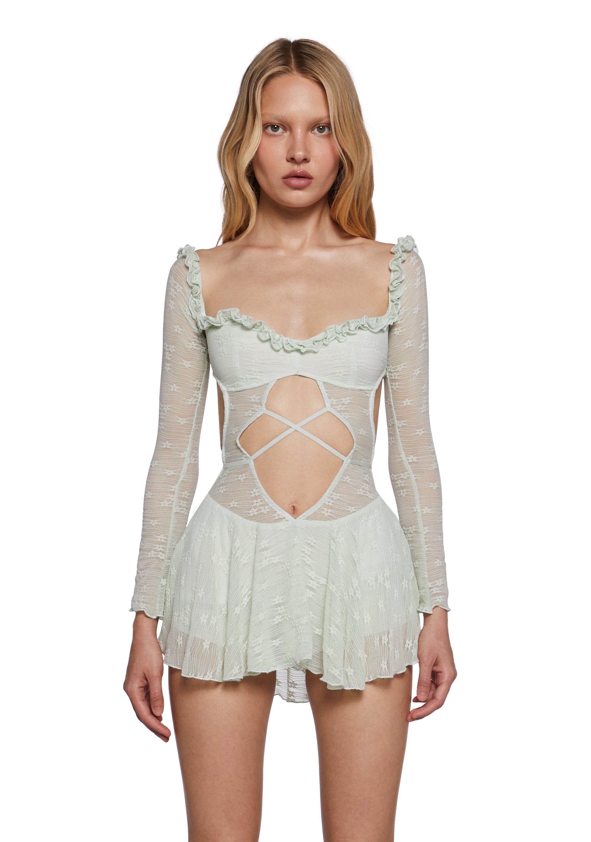 Womens Off The Shoulder Mesh Long Sleeve Dress - Green