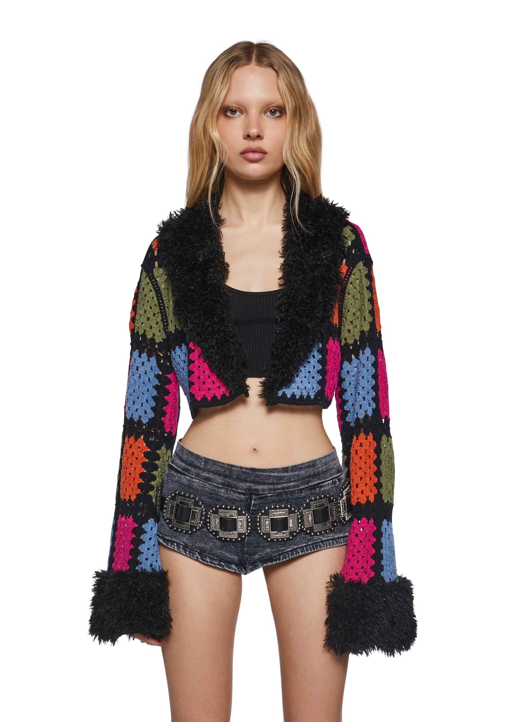 Womens Crochet Patchwork Cropped Jacket Club Exx - Multi – Dolls Kill