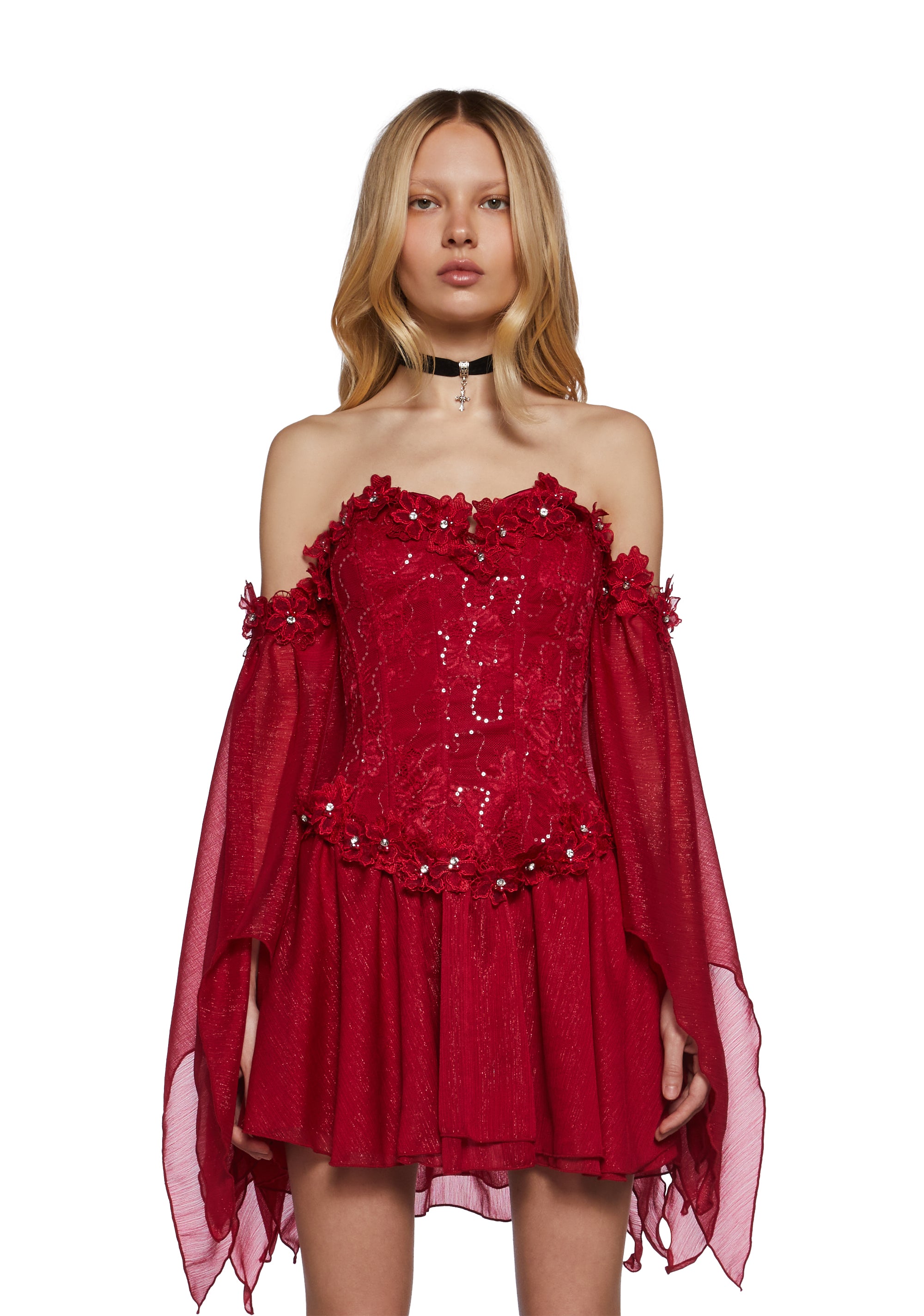 Sugar Thrillz Fairycore Cottagecore Glitter Chiffon Strapless Dress With Floral Appliques Sugar Thrillz Fairycore Cottagecore Glitter Chiffon Strapless Dress With Floral Appliques
