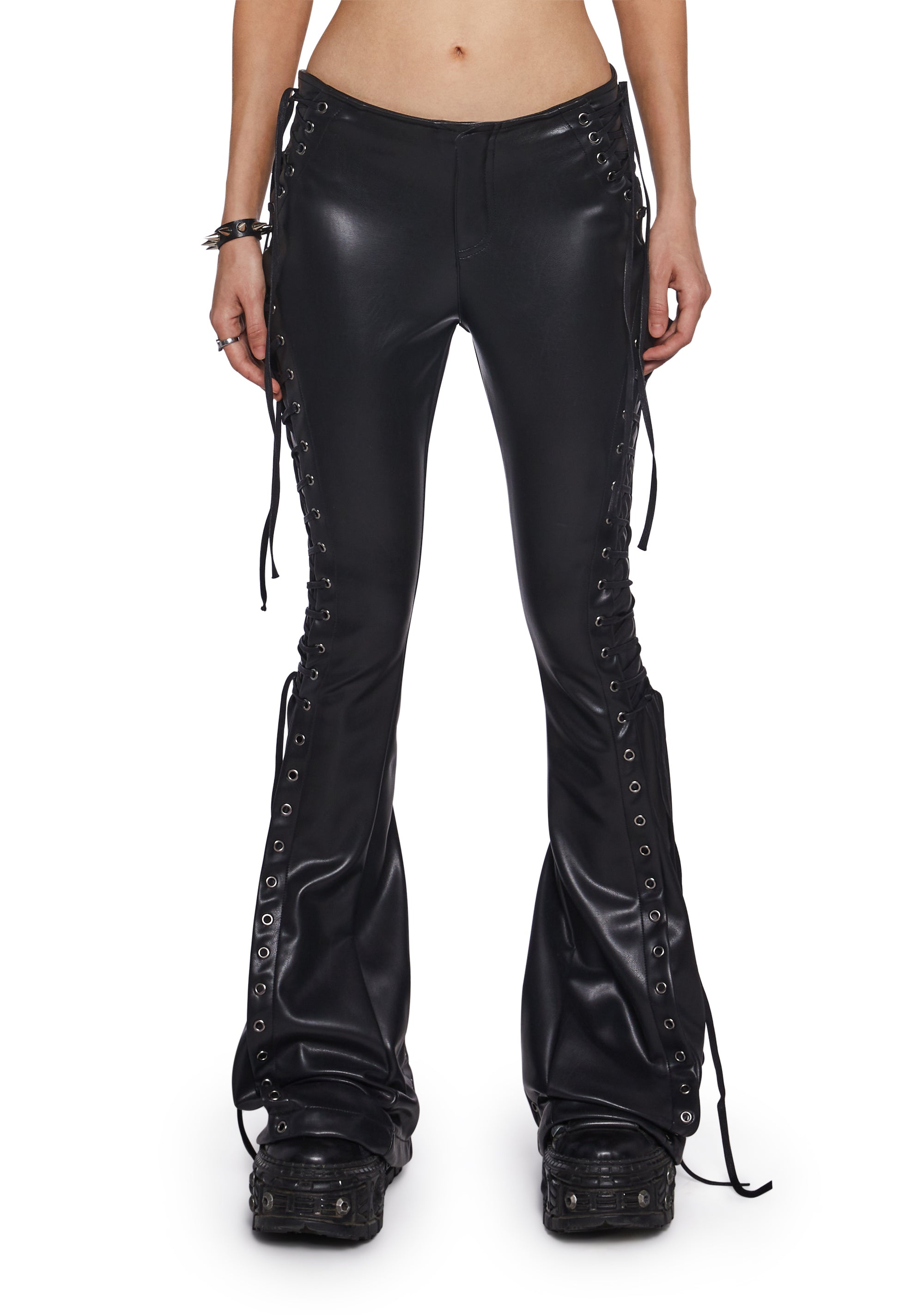 Womens Vegan Leather Lace Up Grommet Pants Ambient Darker Wavs