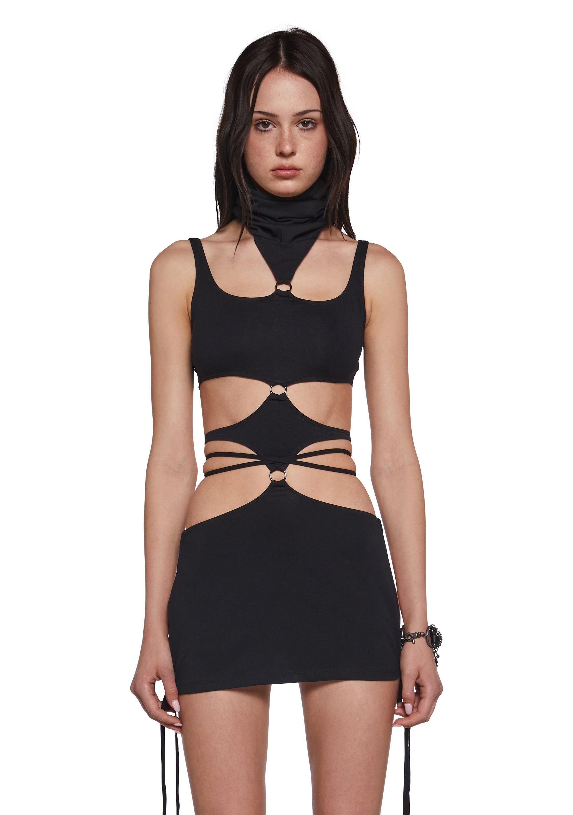 black strappy cut out dress Black Cutout Ring Strappy Maxi Dress with Gold Chain Detail 10