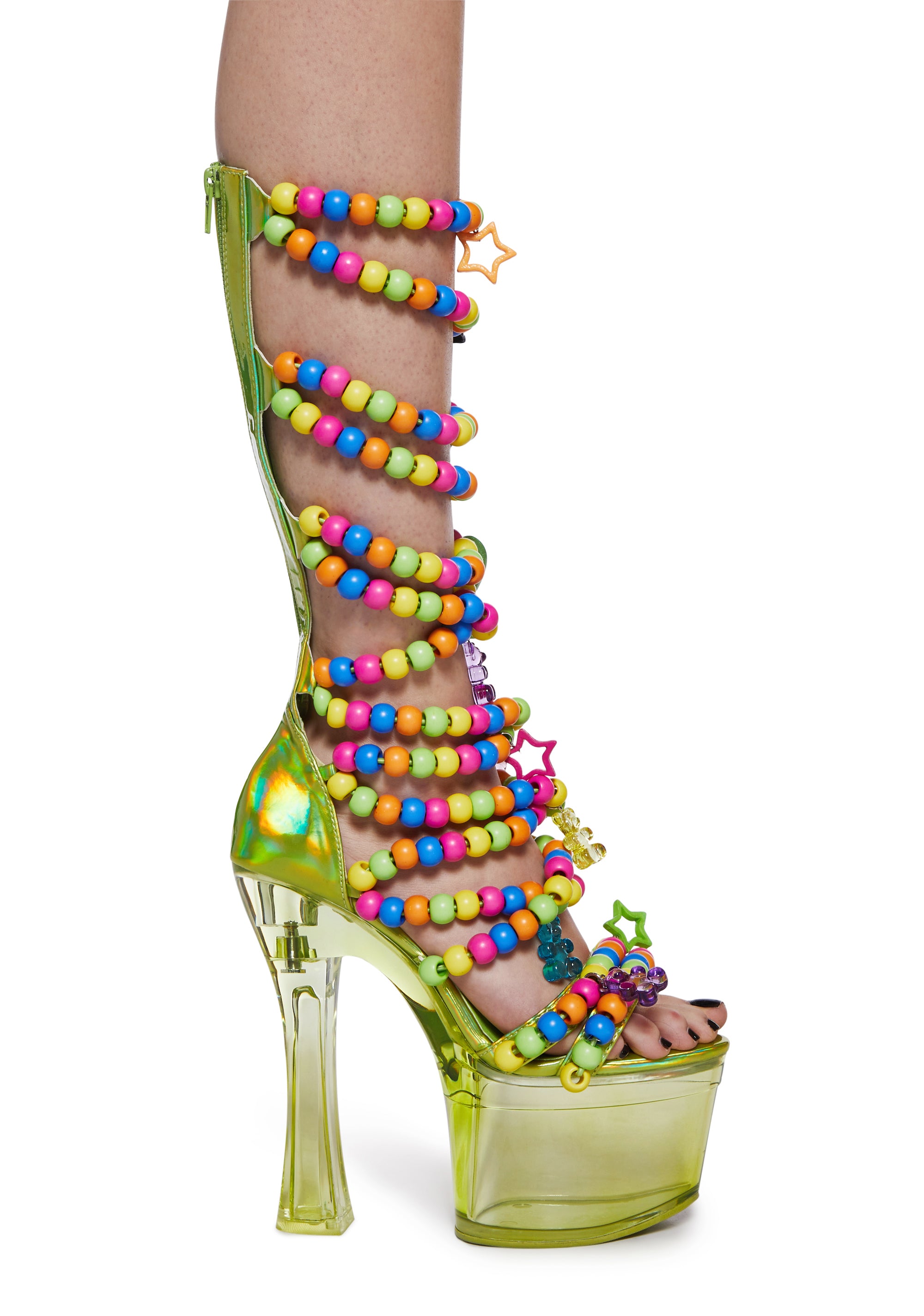 Rave Beaded Holo Platform Lucite Clear Heels With Charms Club Exx