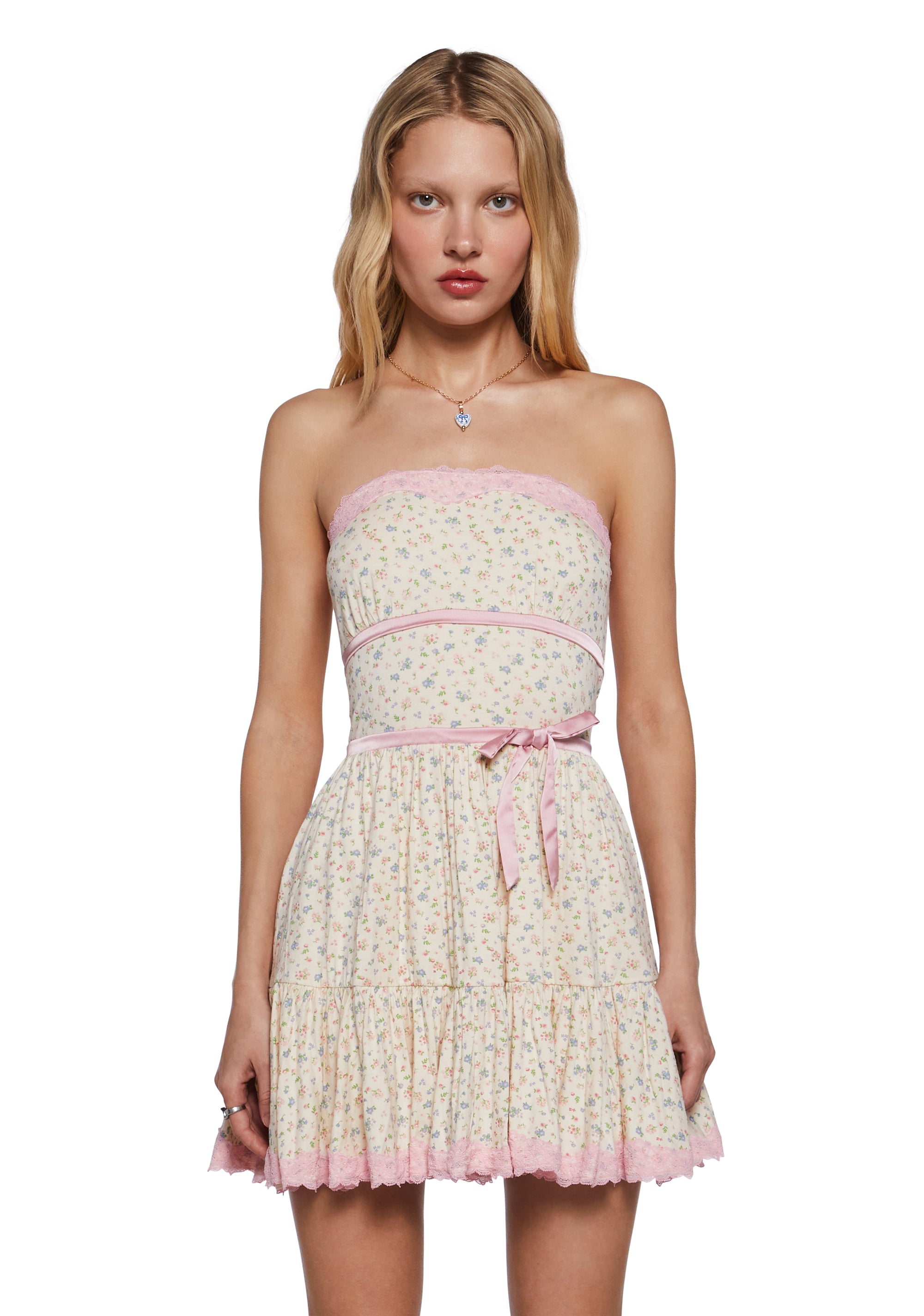 Womens Floral Strapless Mini Dress With Satin Bow Sugar Thrillz