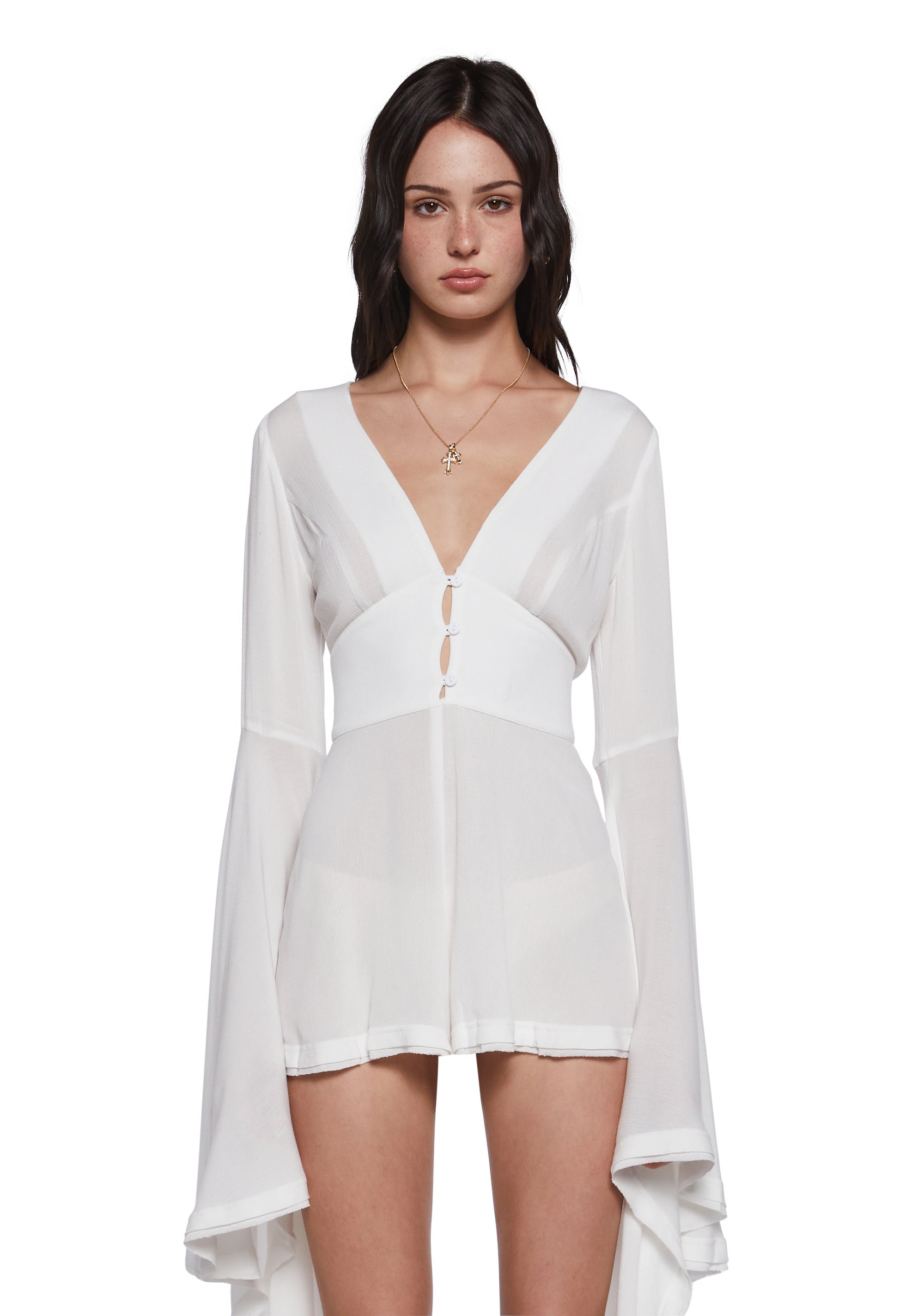 white long sleeve romper dress Well Versed Long Sleeve Flounce Romper White
