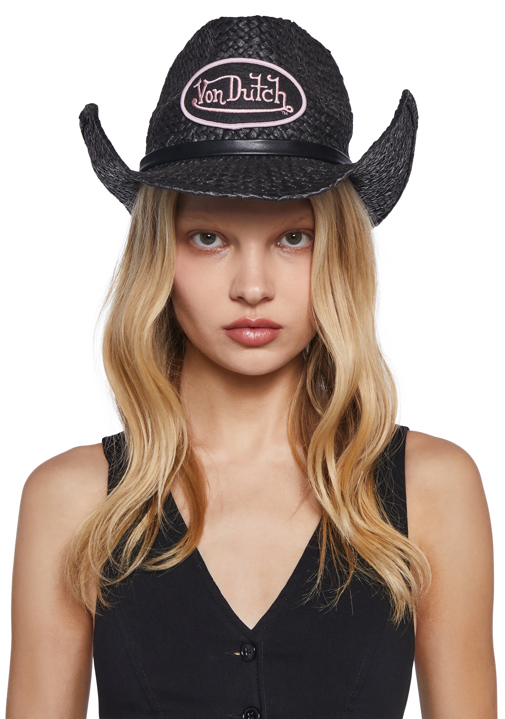 von dutch × dollskill カウボーイハット Von Dutch Raffia Logo Patch Cowboy Hat - Black – Dolls Kill
