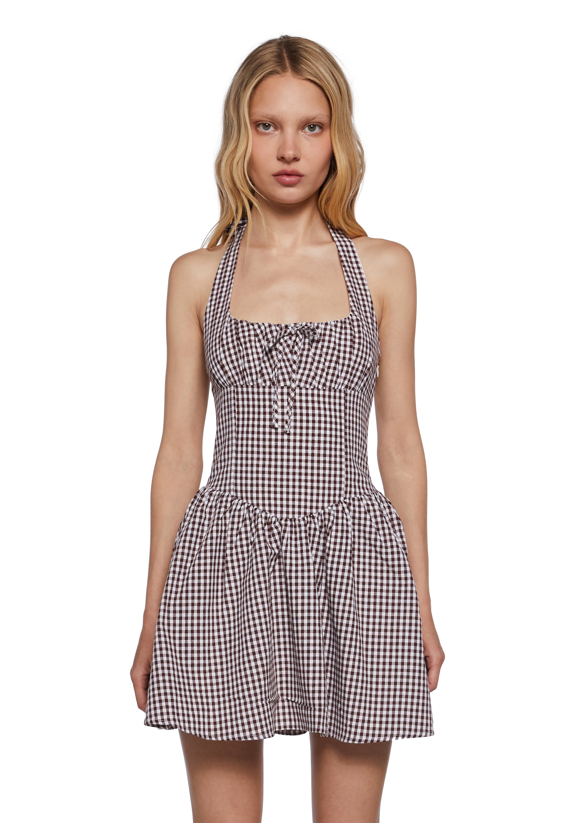 brown gingham halter dress You Again Floral Gingham Halter Mini Dress (Burgundy) NanaMacs