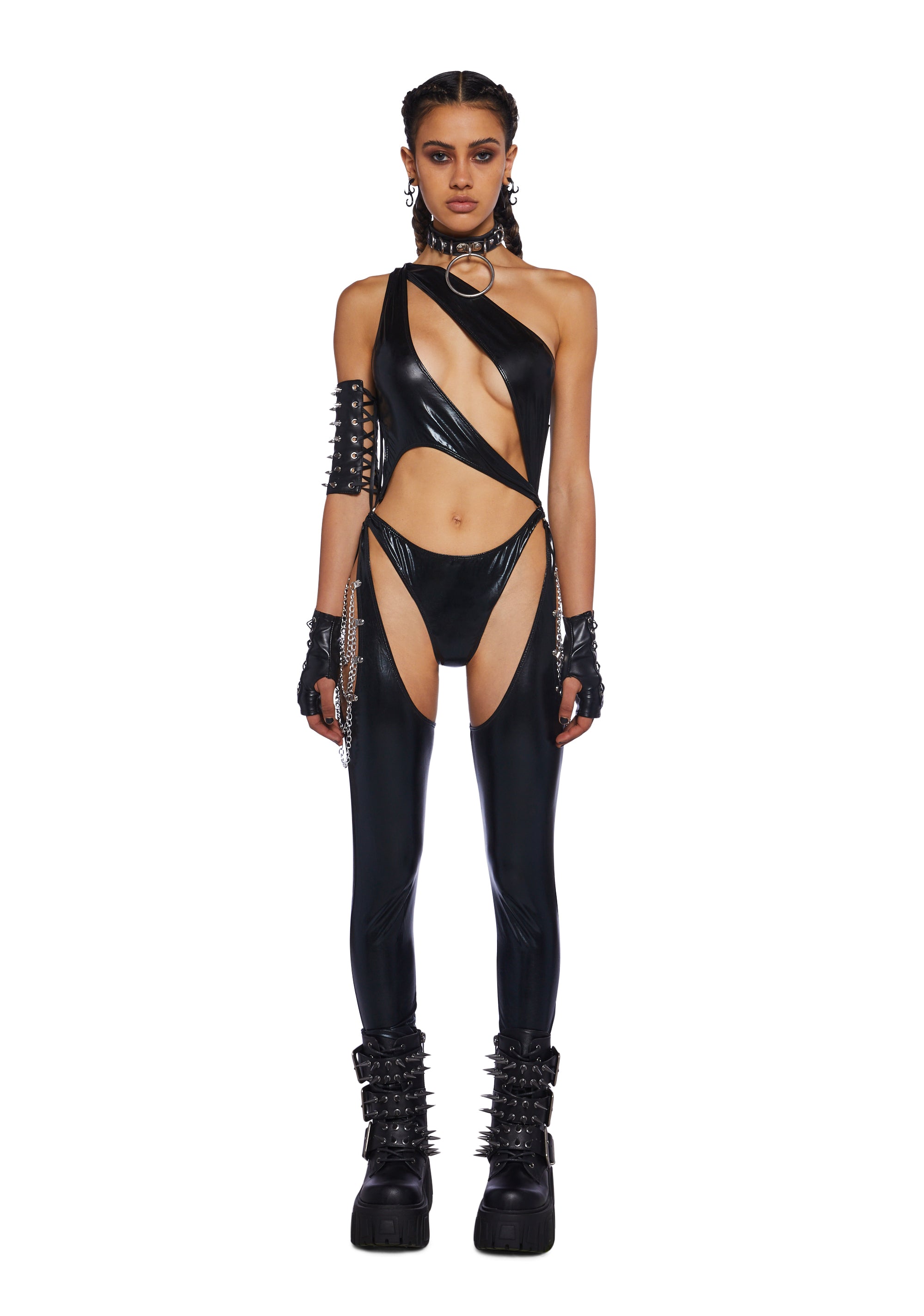 Club Exx Vegan Leather Cut Out Chain Catsuit - Black – Dolls Kill
