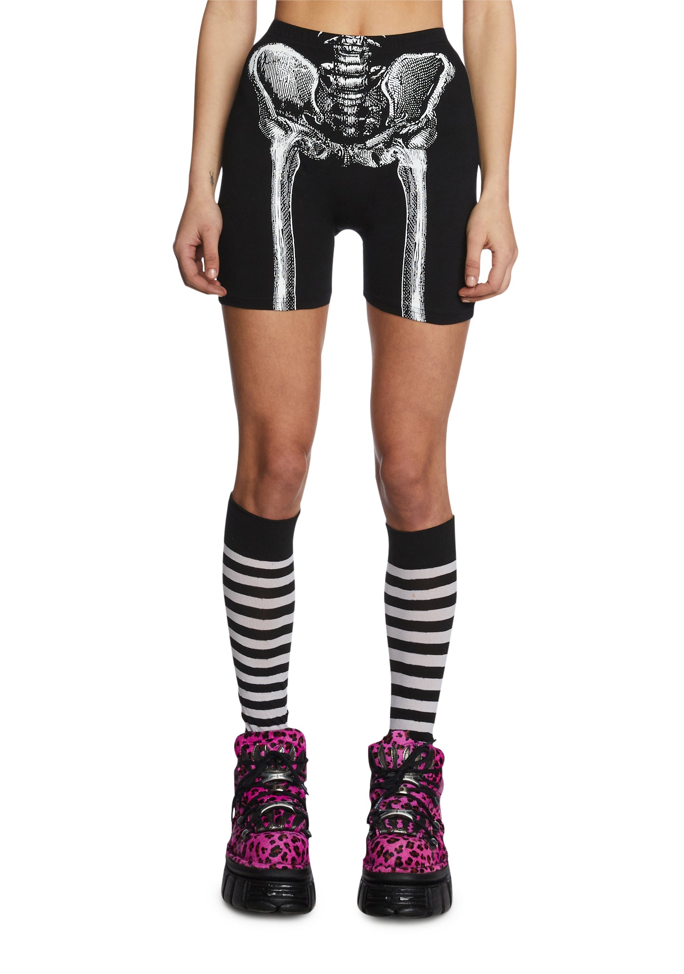 Skeleton Print Biker Booty Shorts - Black