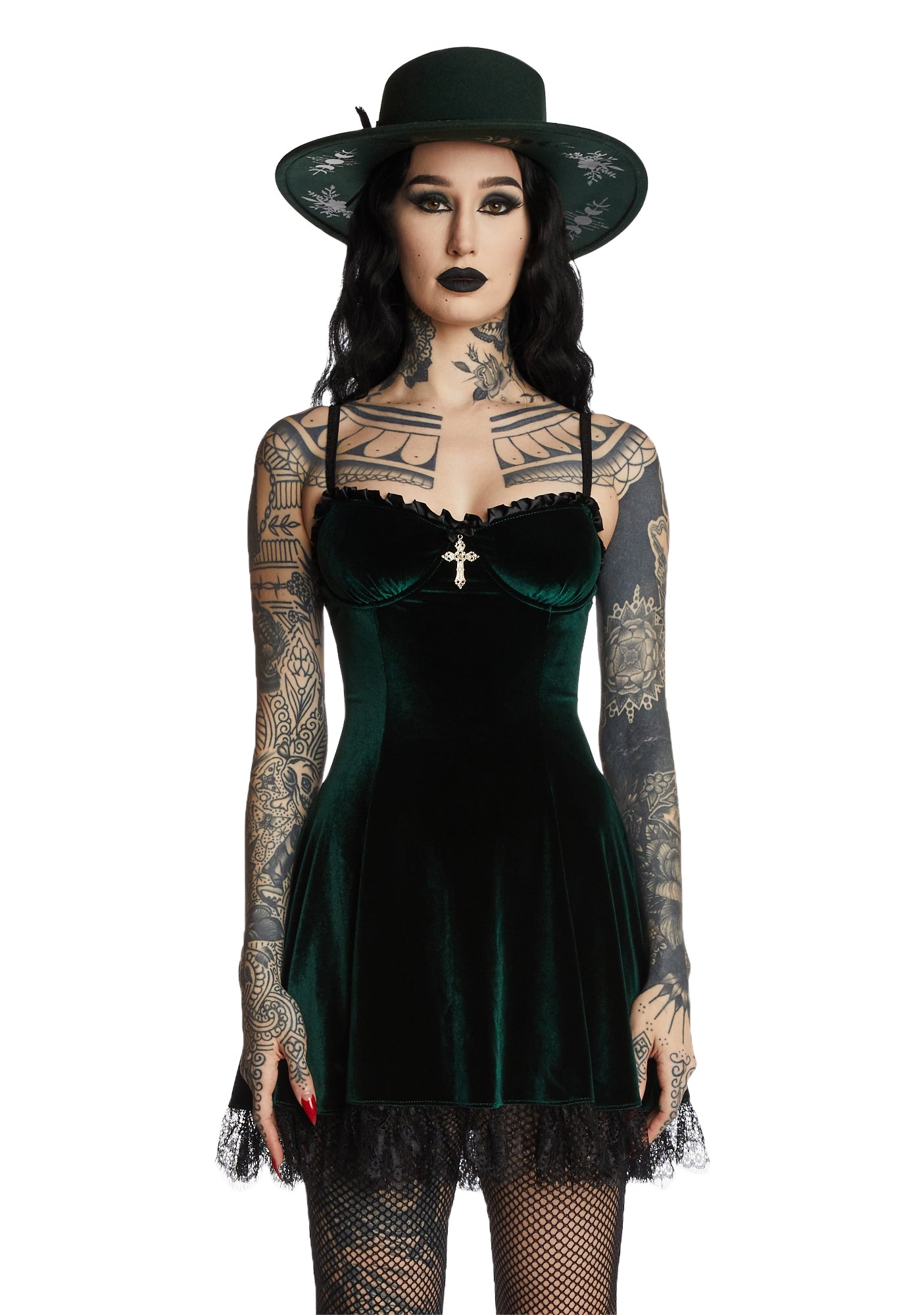 Widow Velvet Cross Mini Dress Emerald