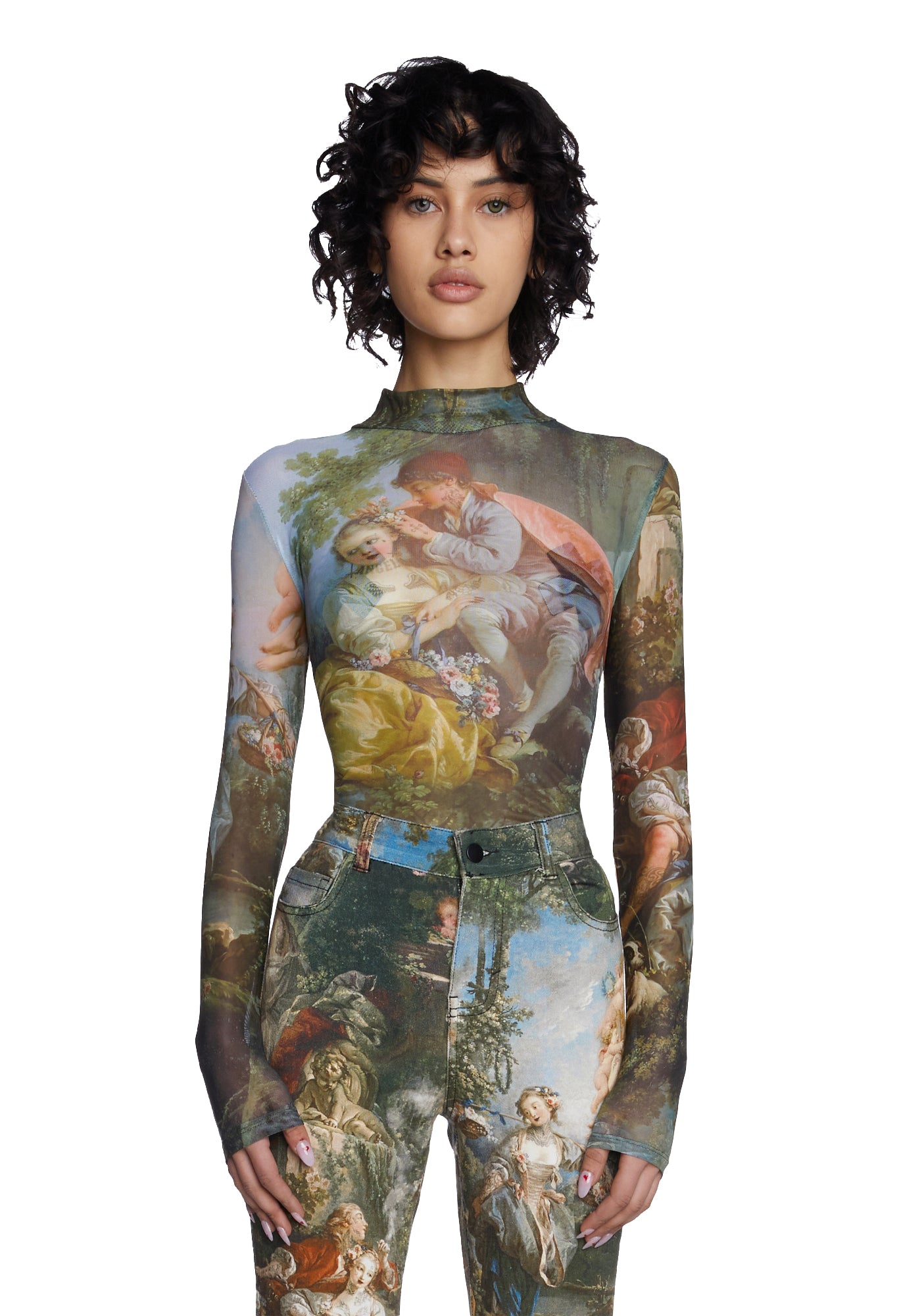Current Mood Painting Print Mesh Long Sleeve Top