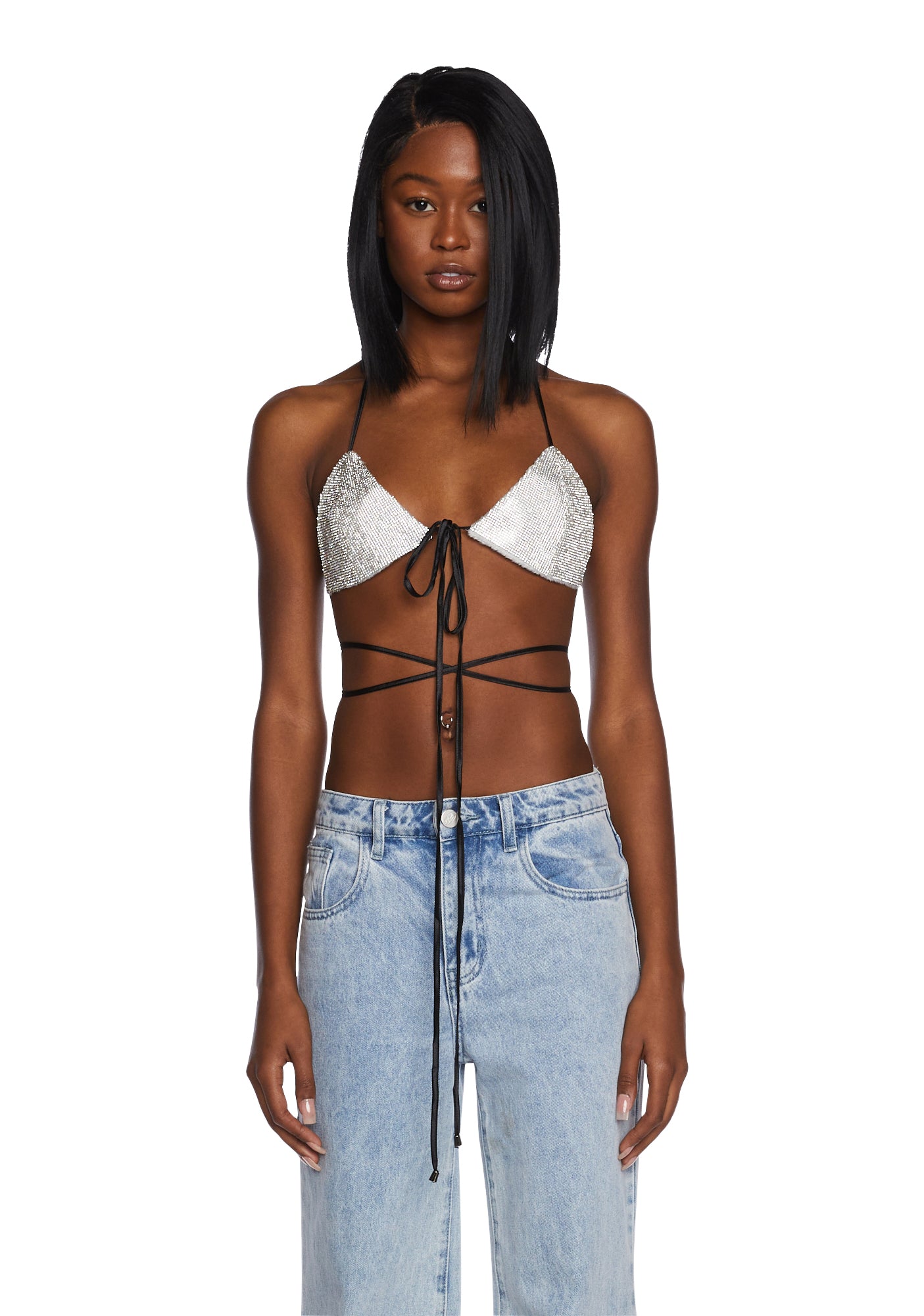 Poster Grl Rhinestone Wrap Bra Bikini Strappy Silver Black Dolls