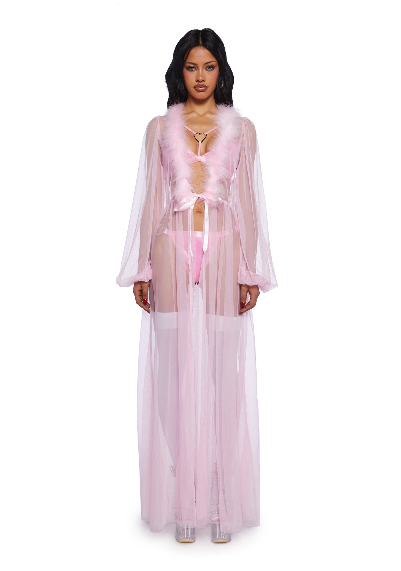 pink sheer dressing gown Night In Coral PINK Handmade Sheer Fluffy Mini Marabou Feather Robe Coral PINK / SMALL 2-6