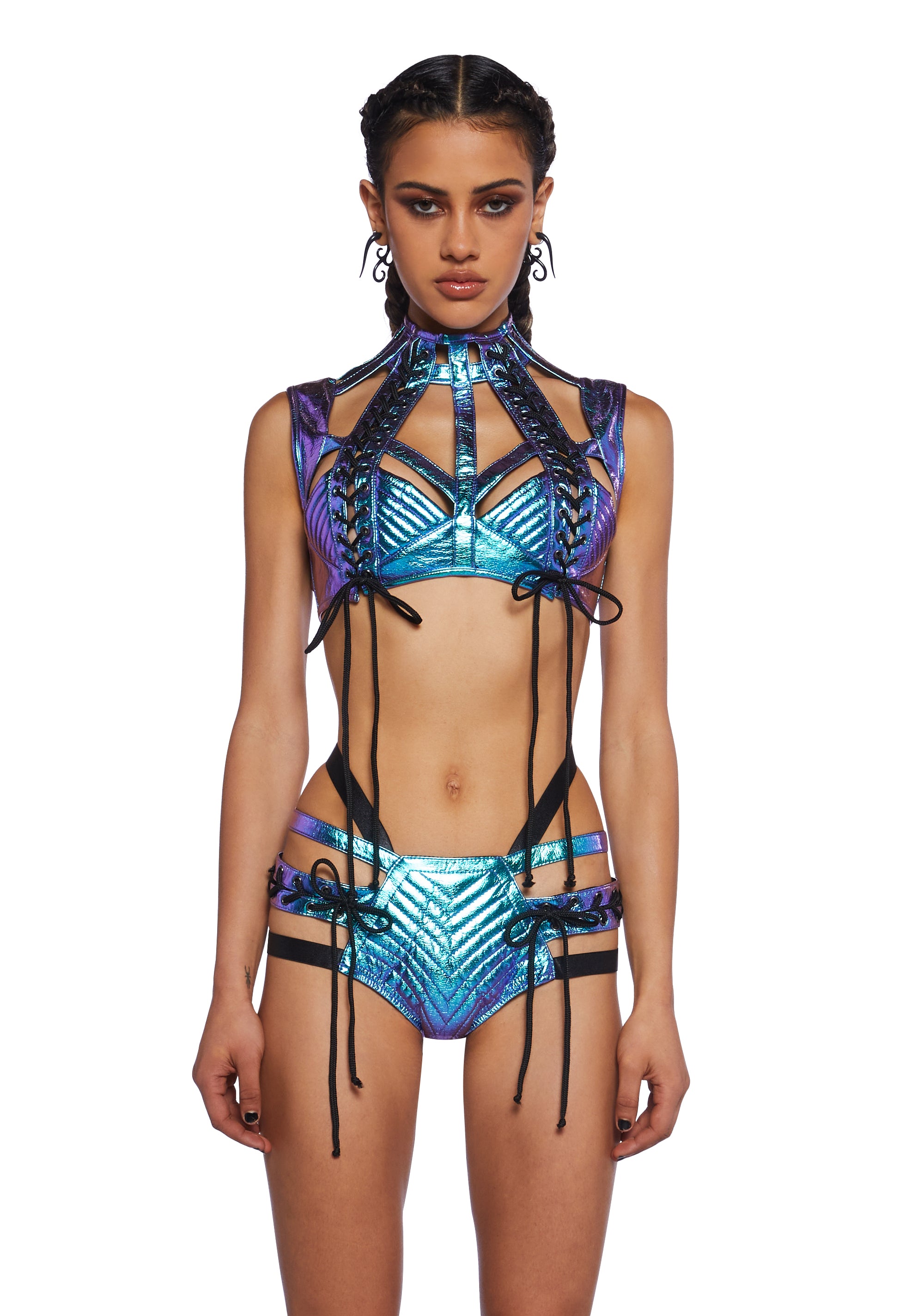 Club Exx Burning Man Blue Metallic Cut Out Lace Up Harness Bra Top Dolls Kill