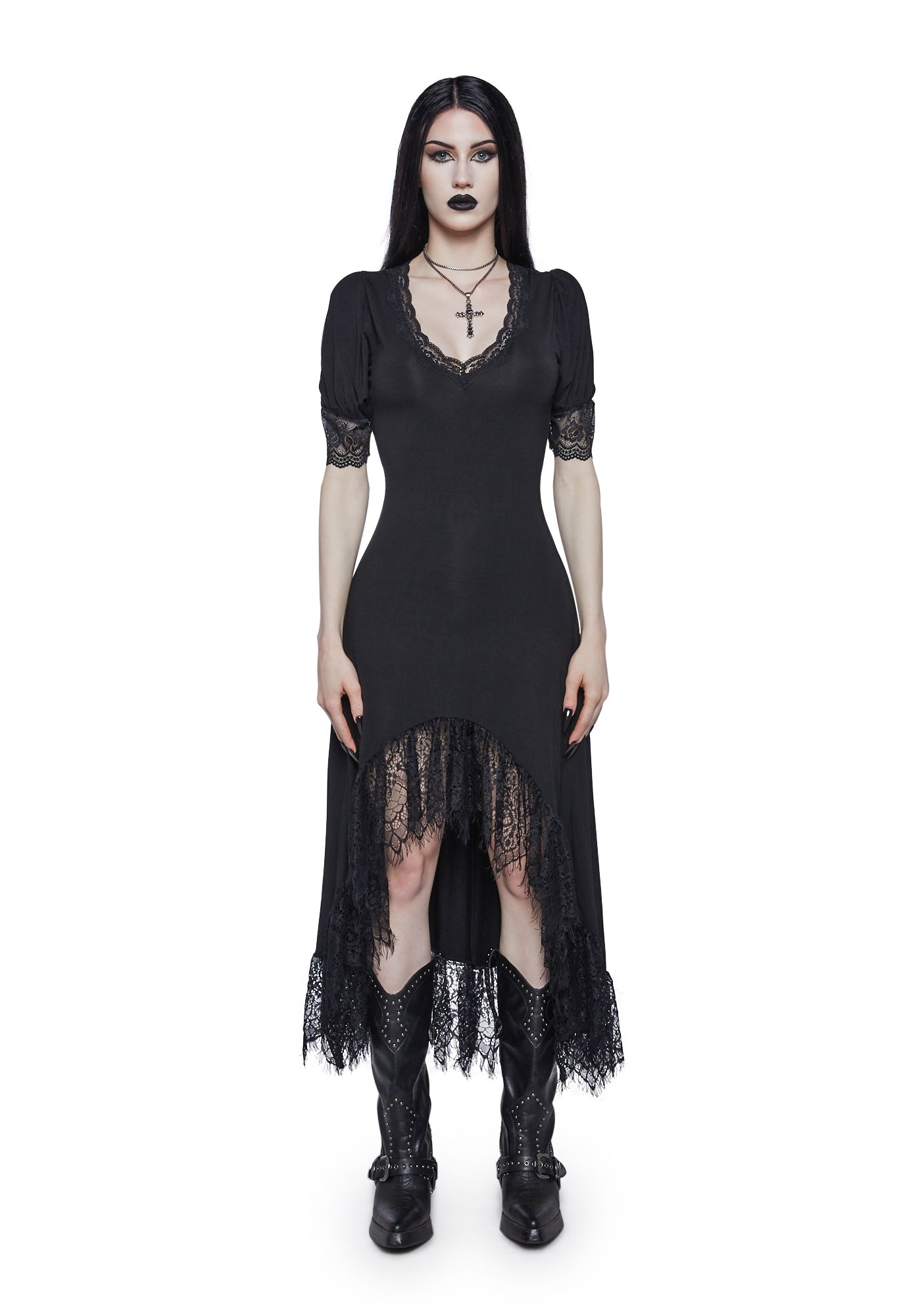 Widow Lace High Low Jersey Maxi Dress - Black Widow Lace High Low Jersey Maxi Dress - Black
