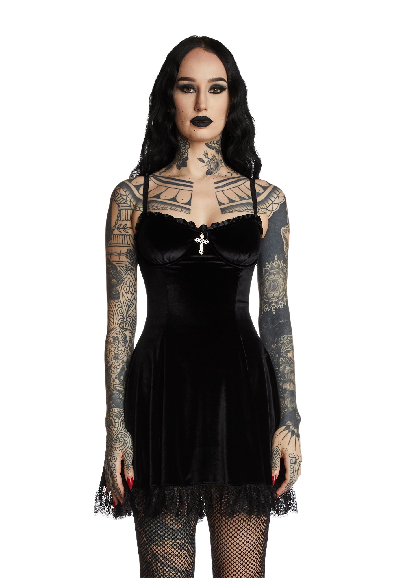 Widow Velvet Cross Mini Dress Black