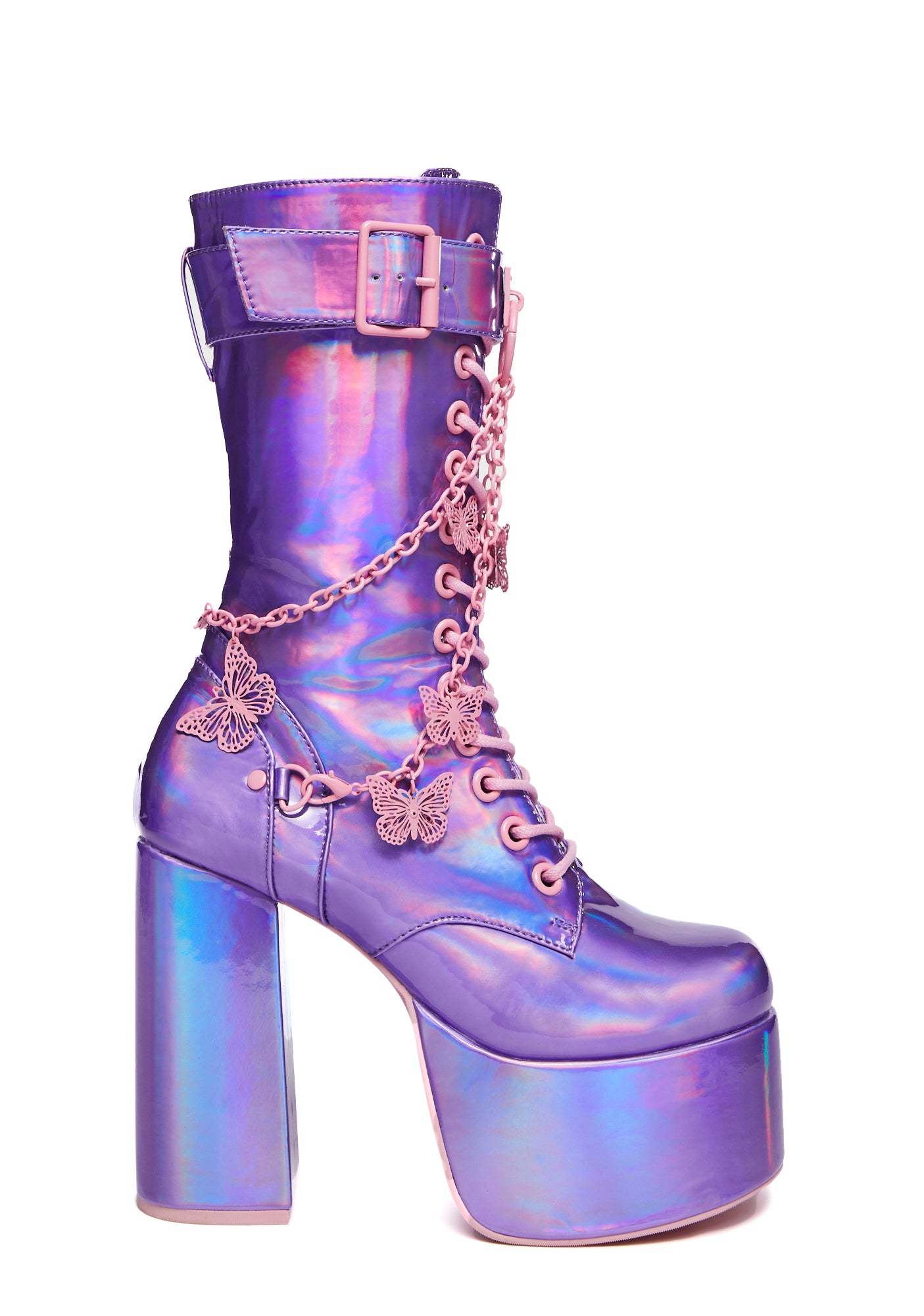 Club Exx Holographic Butterfly Chain Platform Boots Purple