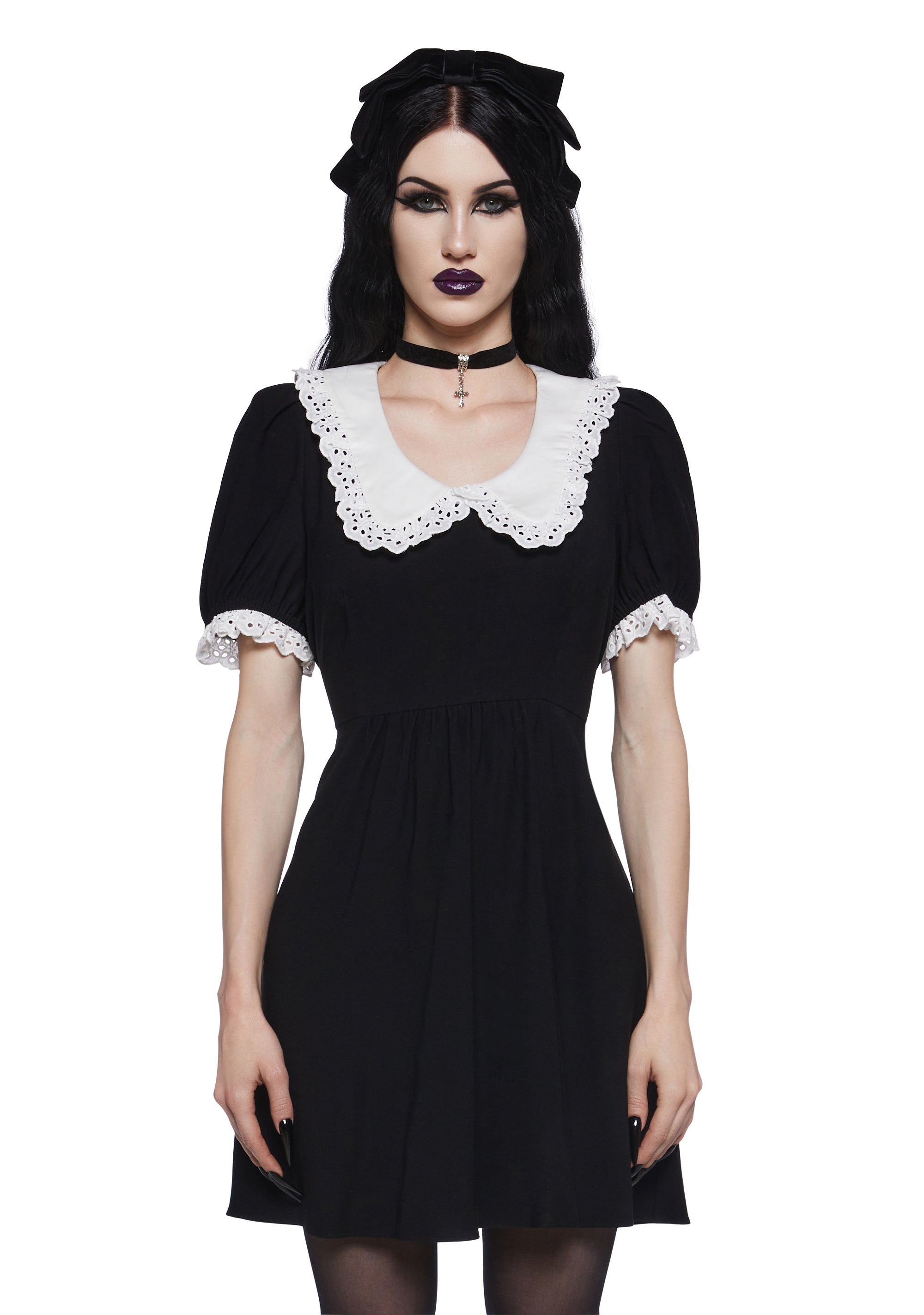 Widow Lolita Lace Collared Babydoll Dress - Black White Widow Lolita Lace Collared Babydoll Dress - Black White