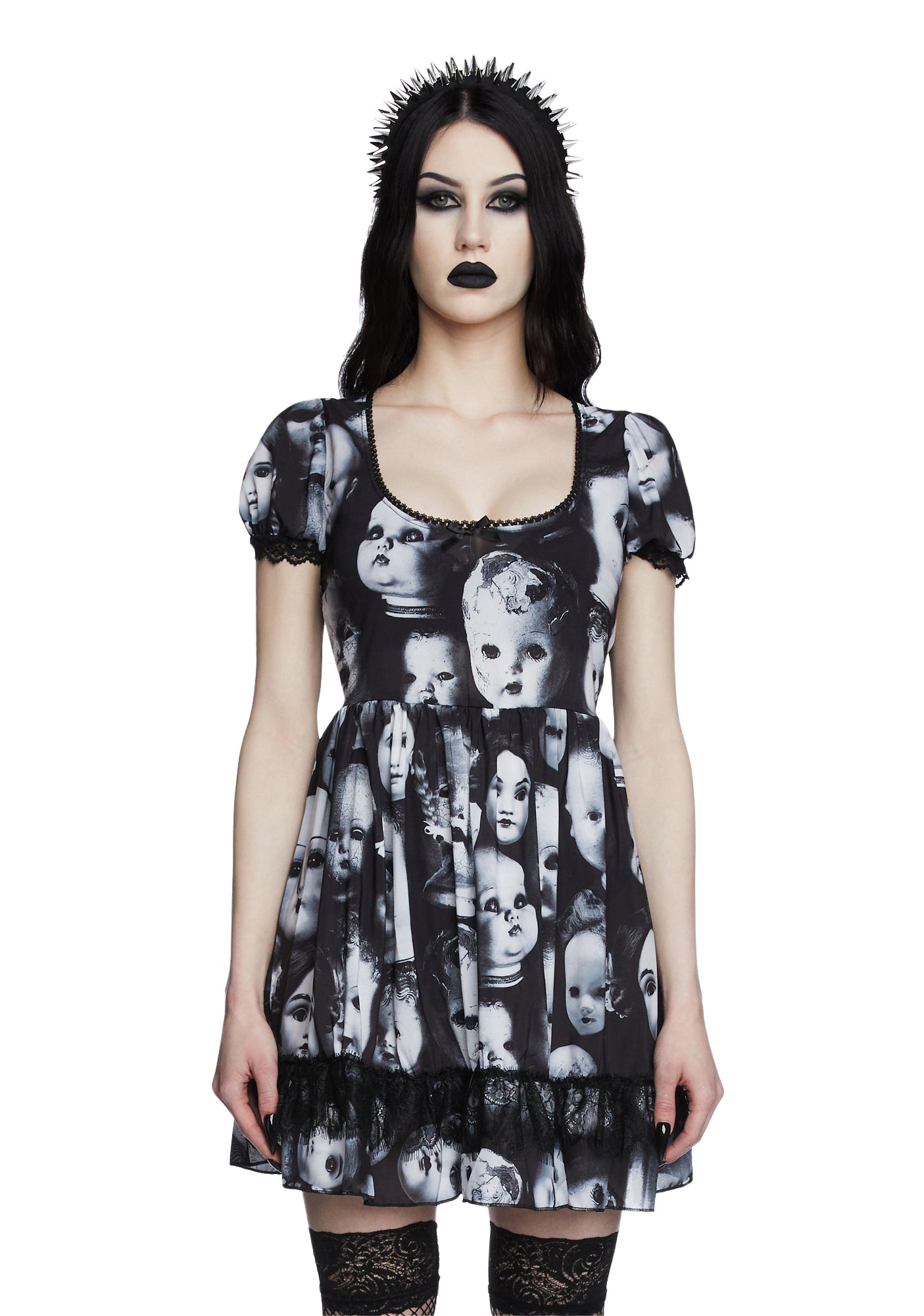Widow Doll Head Mesh Babydoll Dress Black
