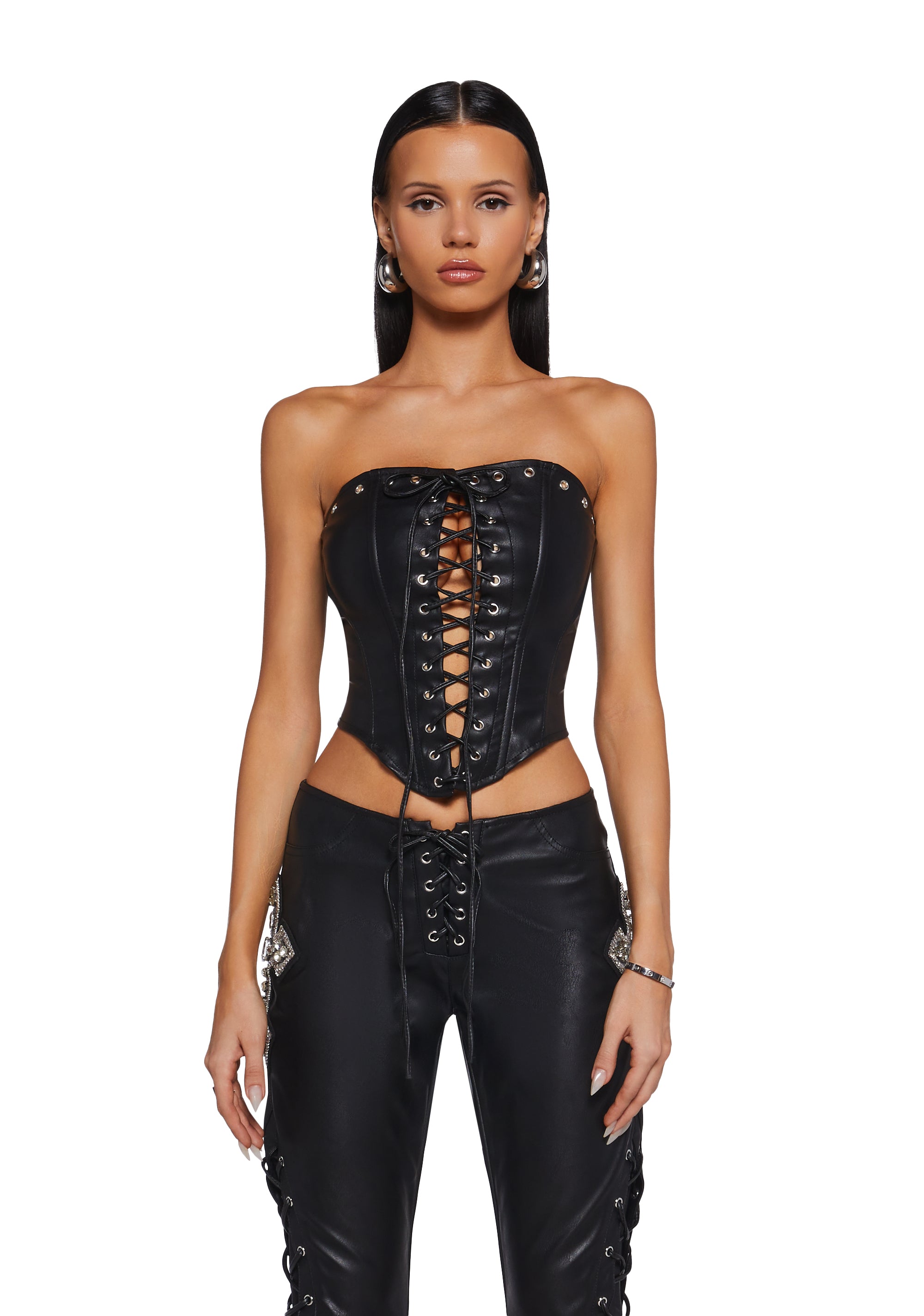 Womens Sexy Vegan Leather Corset Crop Top Current Mood Black