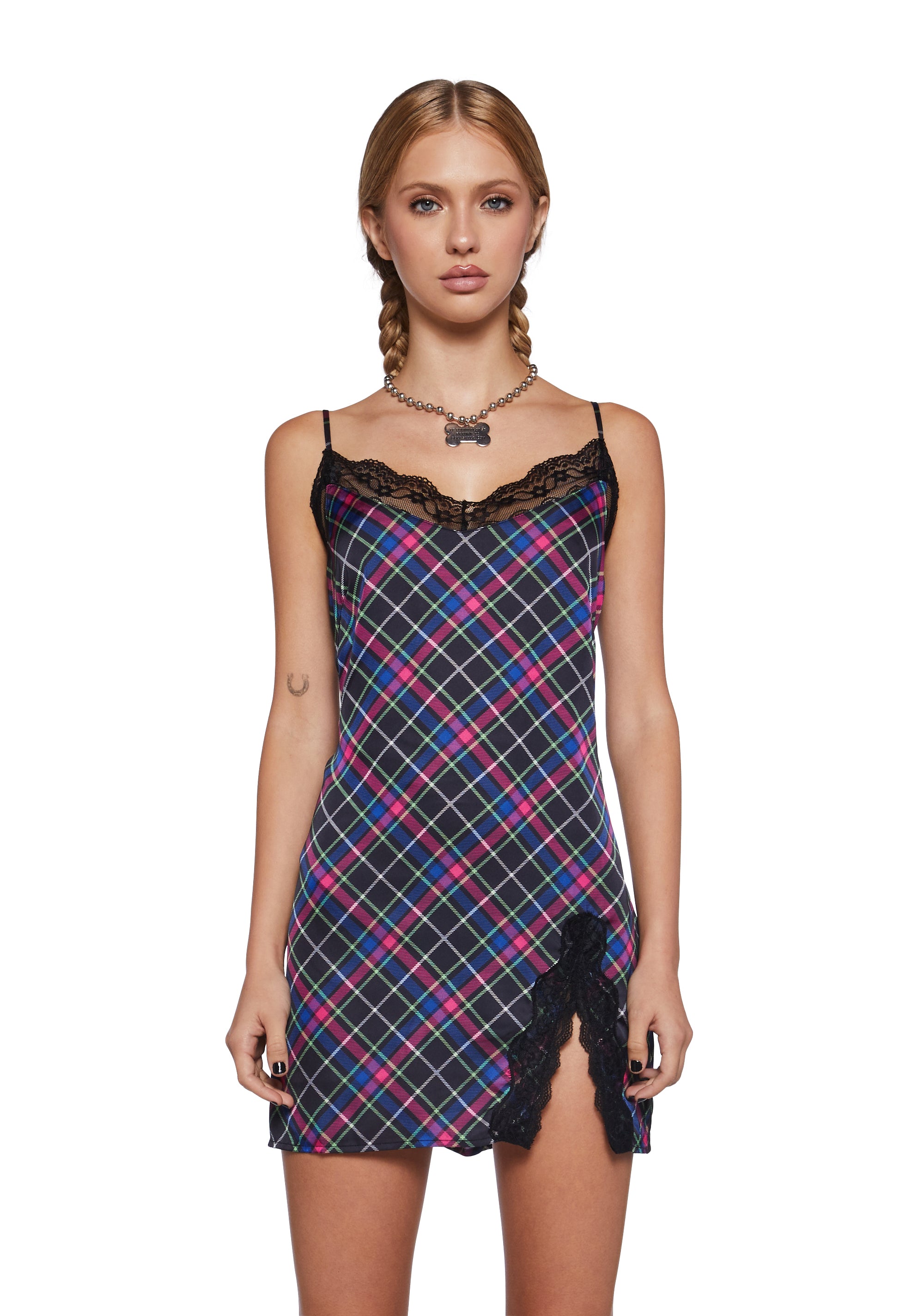 plaid slip dress Current Mood Plaid Lace Slip Dress
