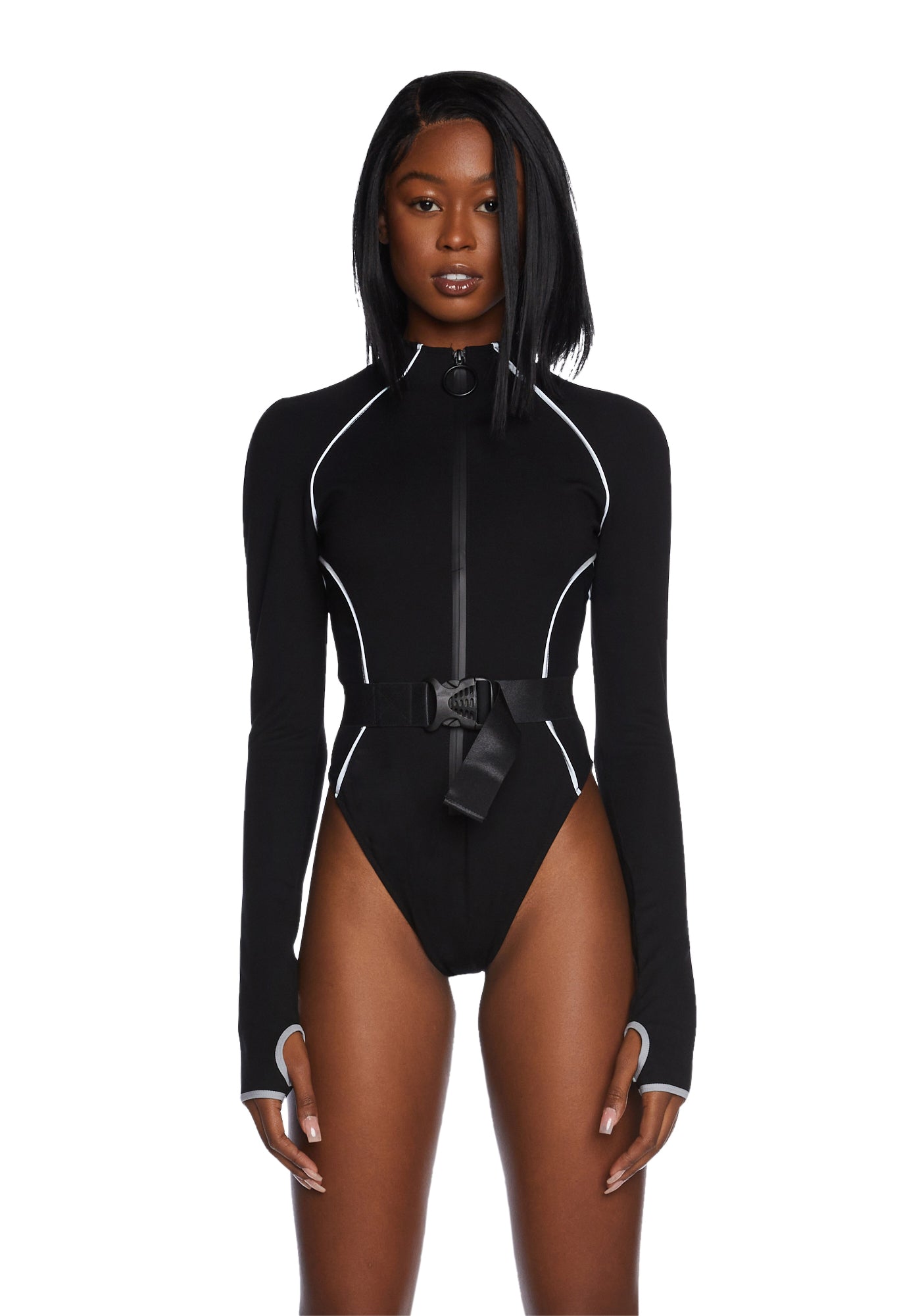 Poster Grl Sporty Mesh Panel Bodysuit - Reflective Black – Dolls Kill