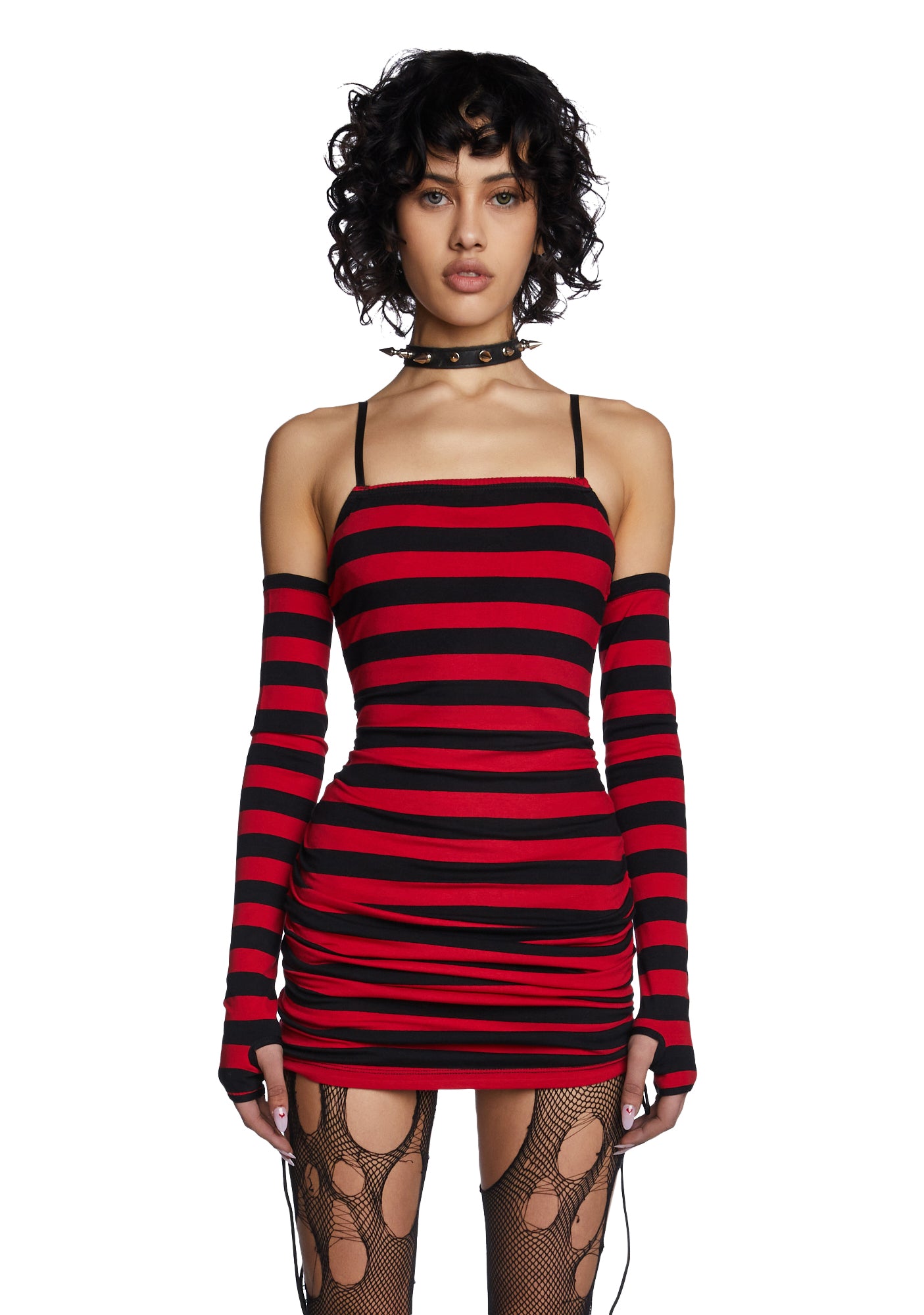 Current Mood Striped Mini Dress & Gloves Set - Black/Red