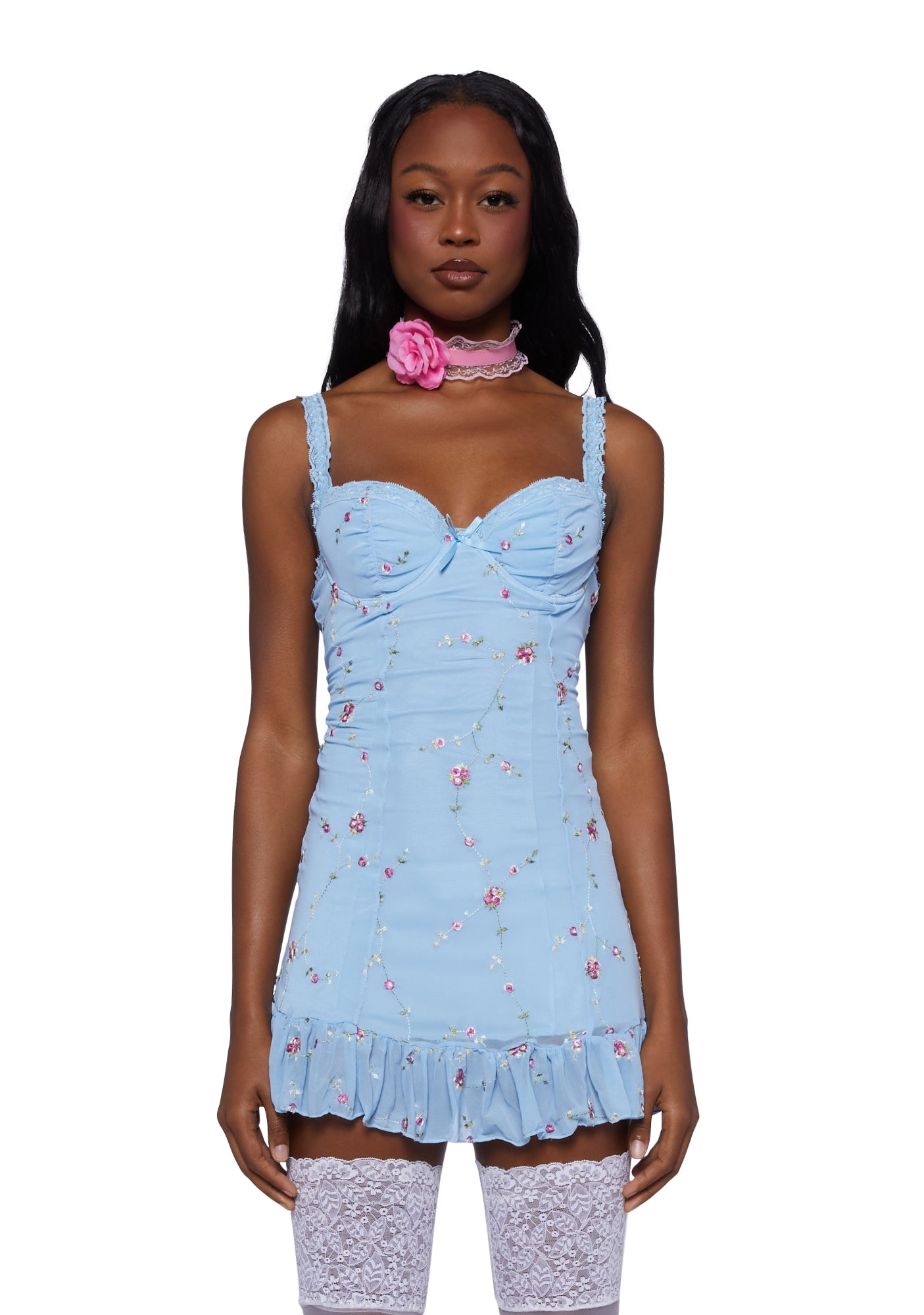 Sugar Thrillz Floral Embroidered Mesh Slip Dress Pastel Blue