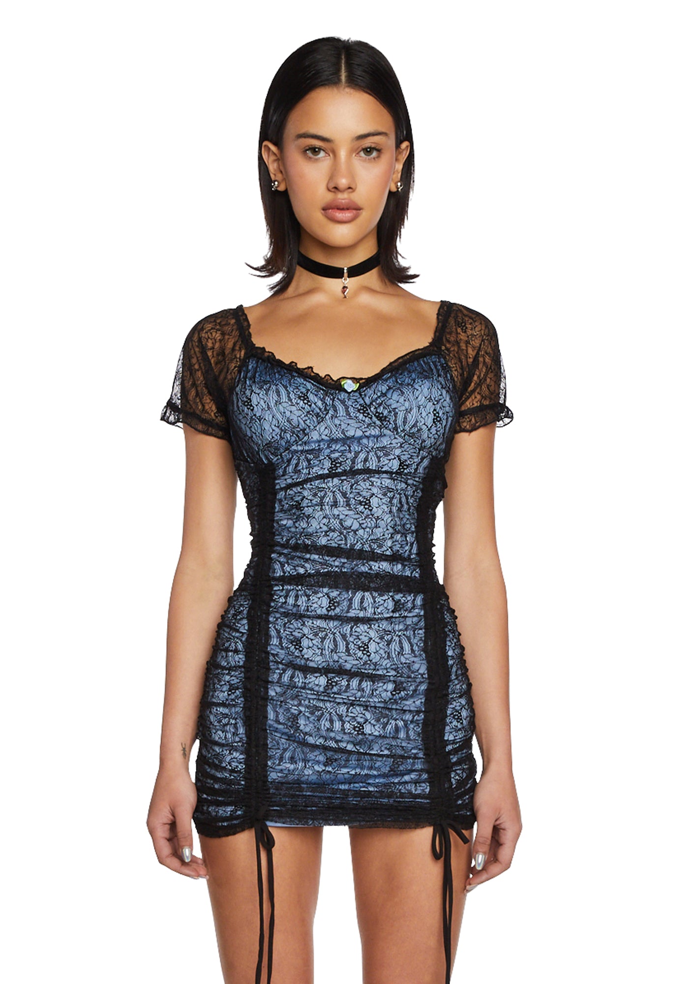 Delia's Lace Overlay Ruched Mini Dress - Blue/Black – Dolls Kill
