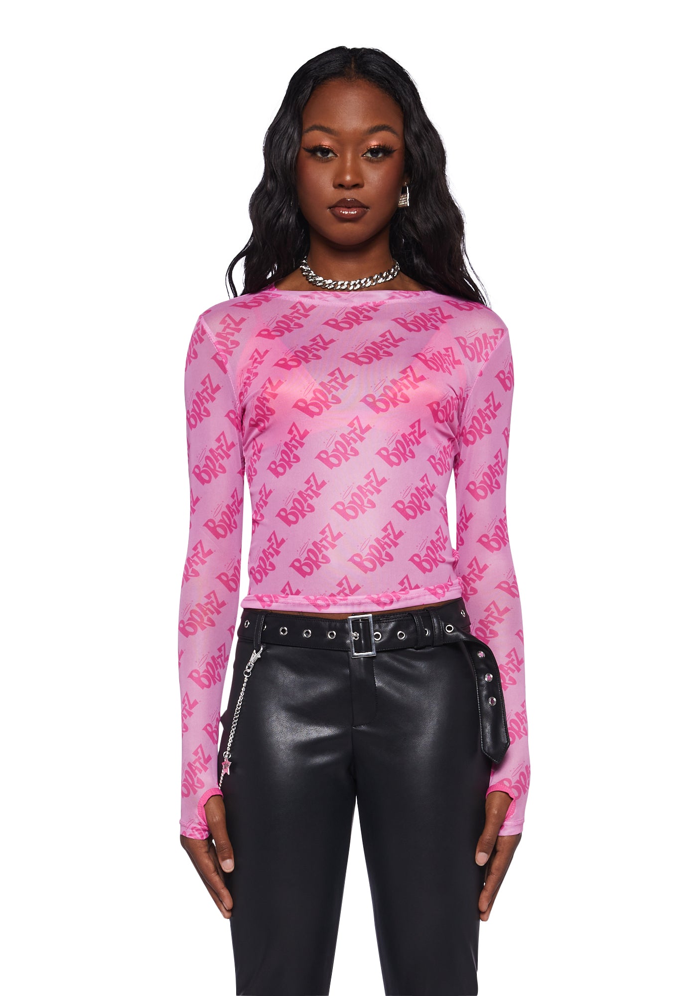 Dolls Kill x Bratz Logo Print Mesh Long Sleeve Tee - Pastel Pink