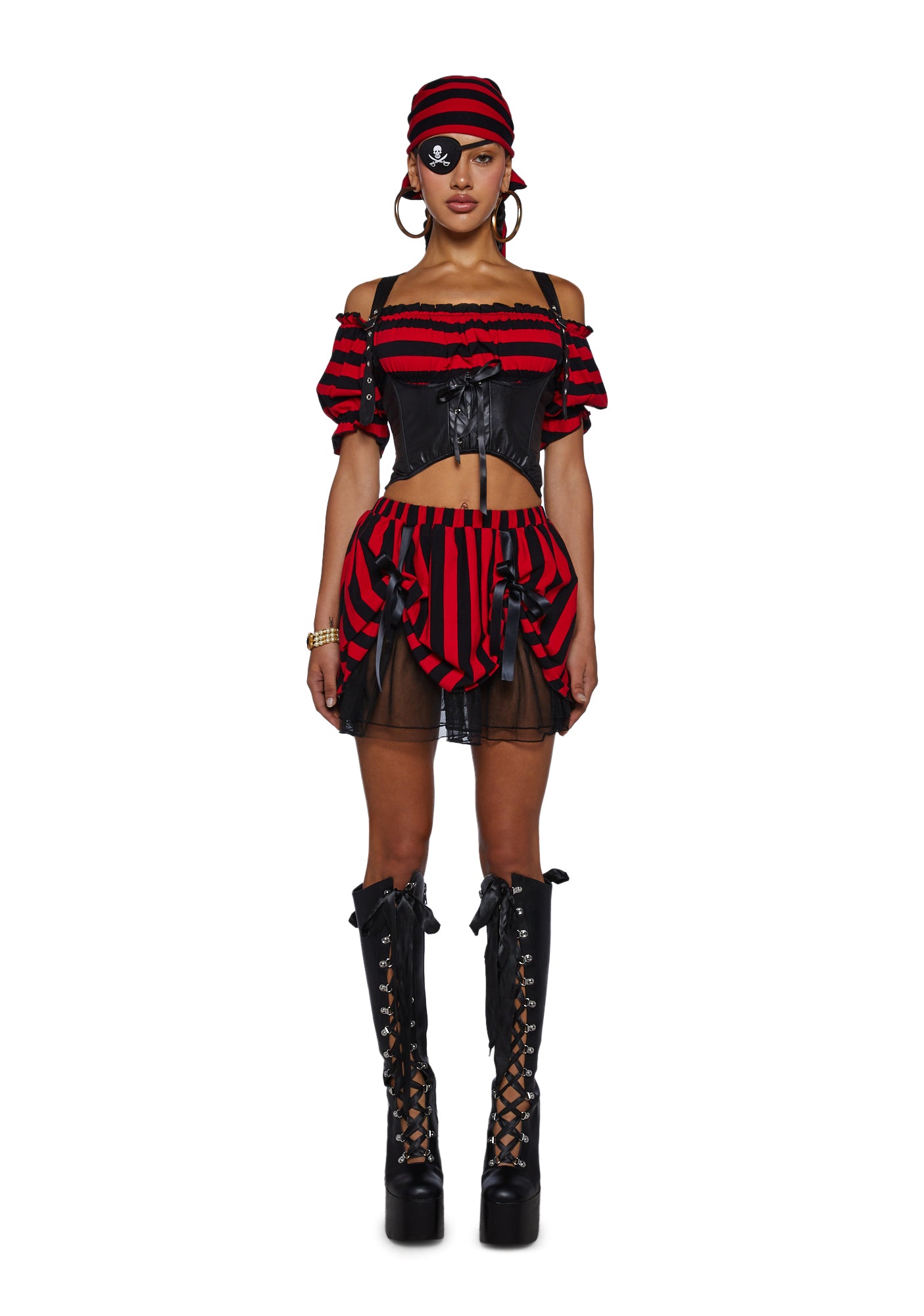 Sexy Pirate Costume | Female Captain Hook - Red/Black Stripe