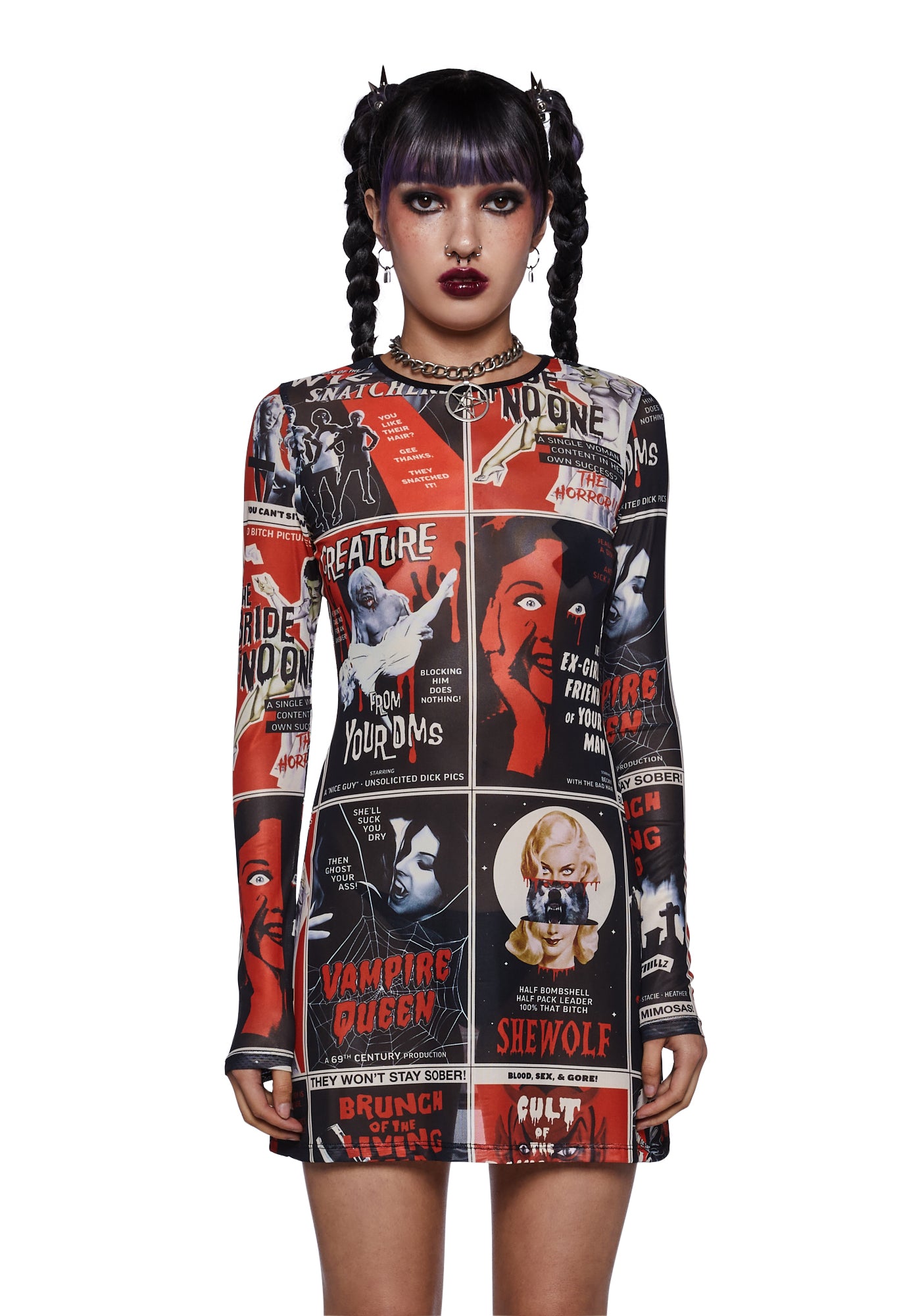 Trickz N Treatz Halloween Poster Print Mesh Dress - Black/Red