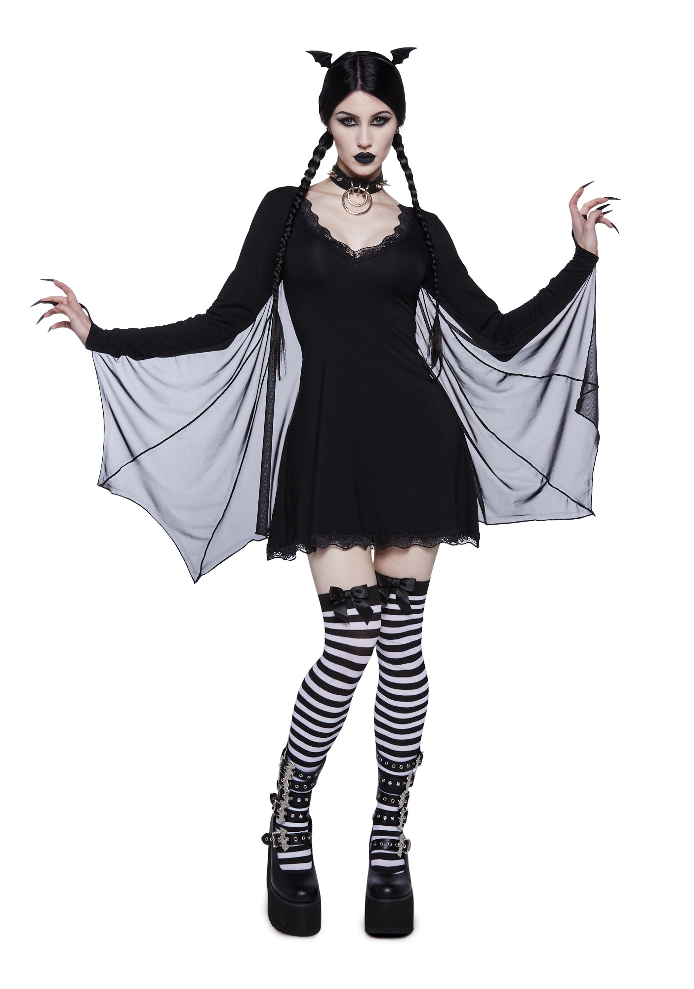 Sexy Women Bat Wing Halloween Costume Dress - Black