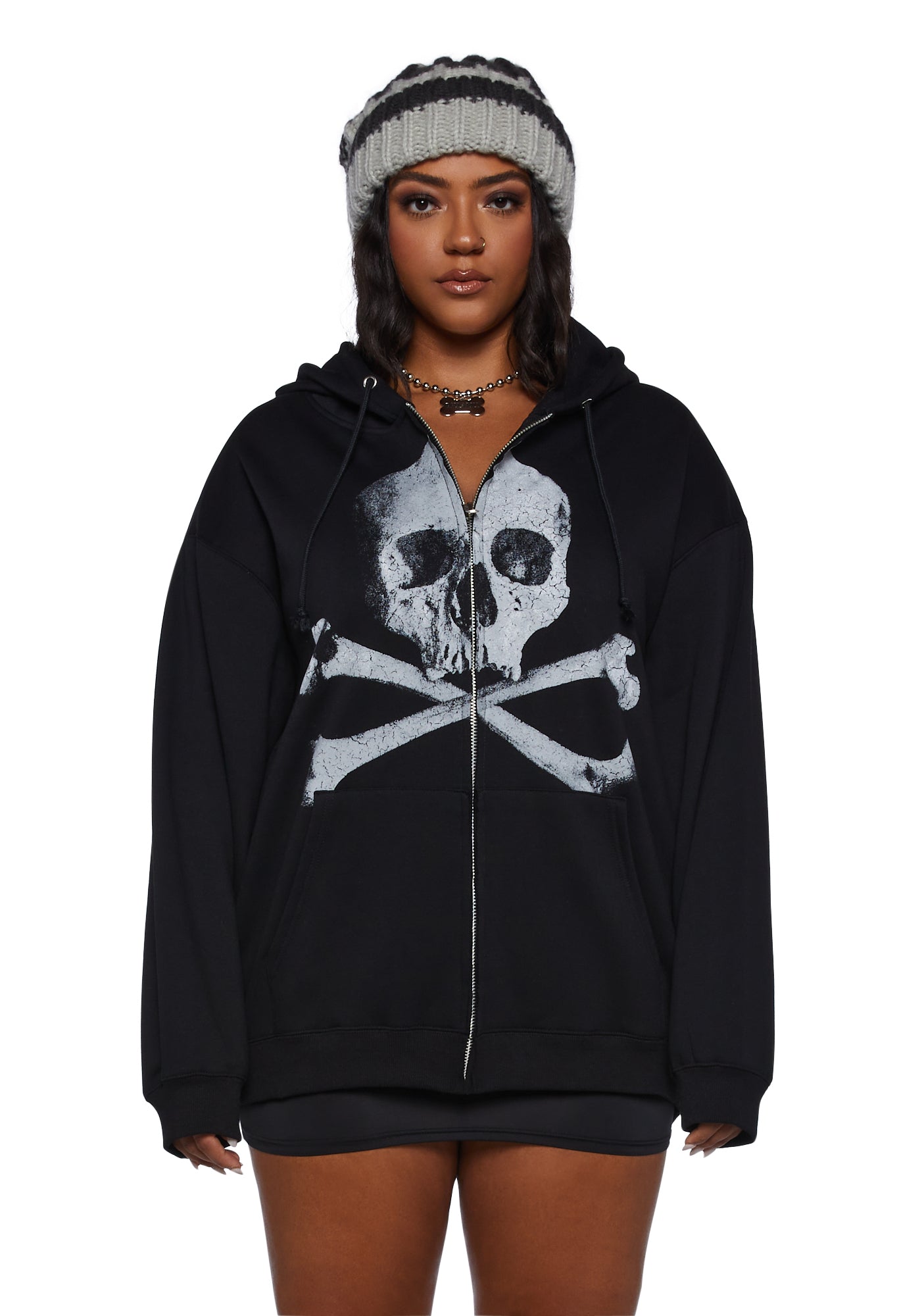 Plus Size Dolls Kill Halloween Skull Zip Up Hoodie Black