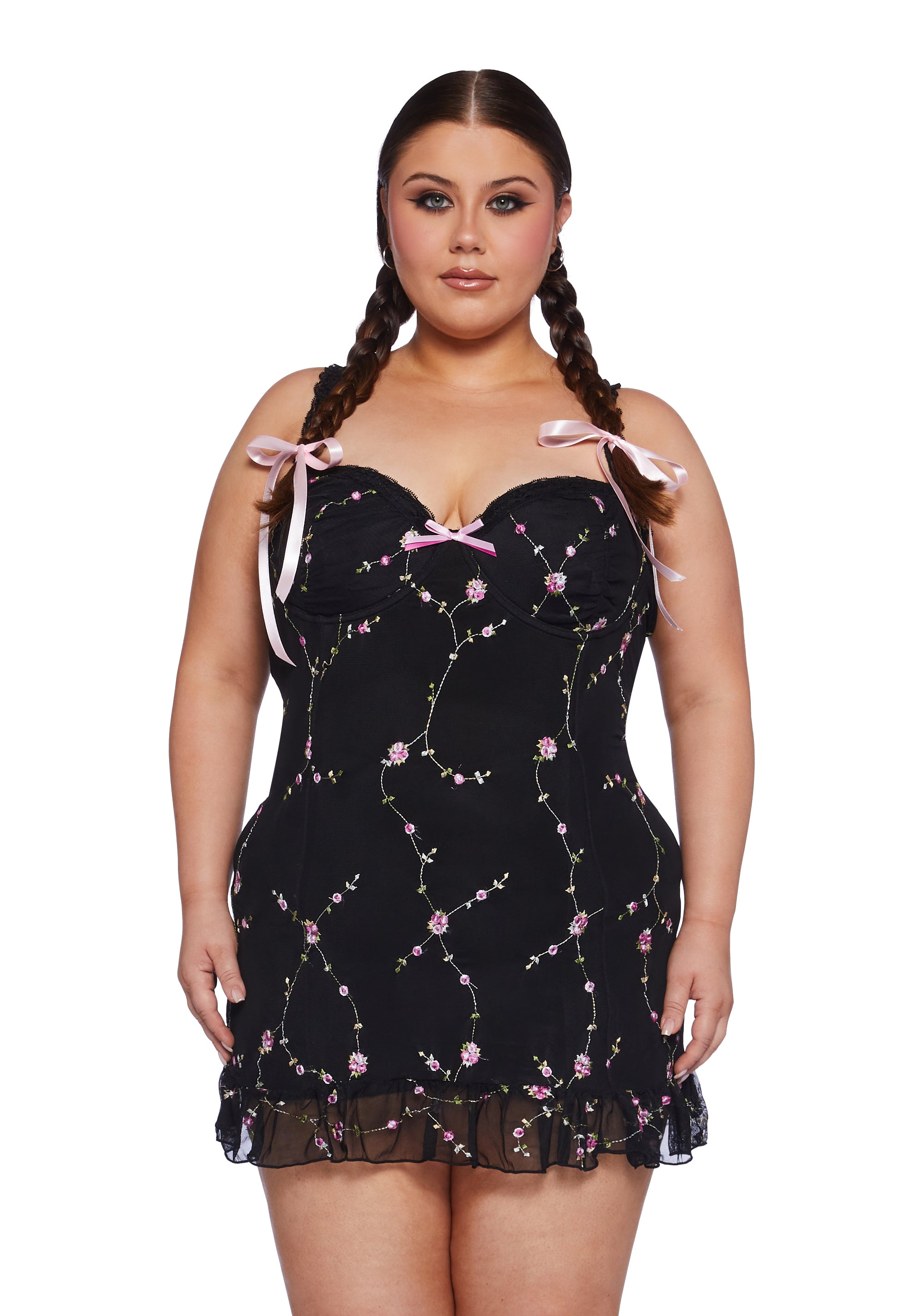 Sugar Thrillz Plus Size Embroidered Floral Mesh Slip Dress - Black Dolls Kill Sugar Thrillz Plus Size Embroidered Floral Mesh Slip Dress - Black Dolls Kill