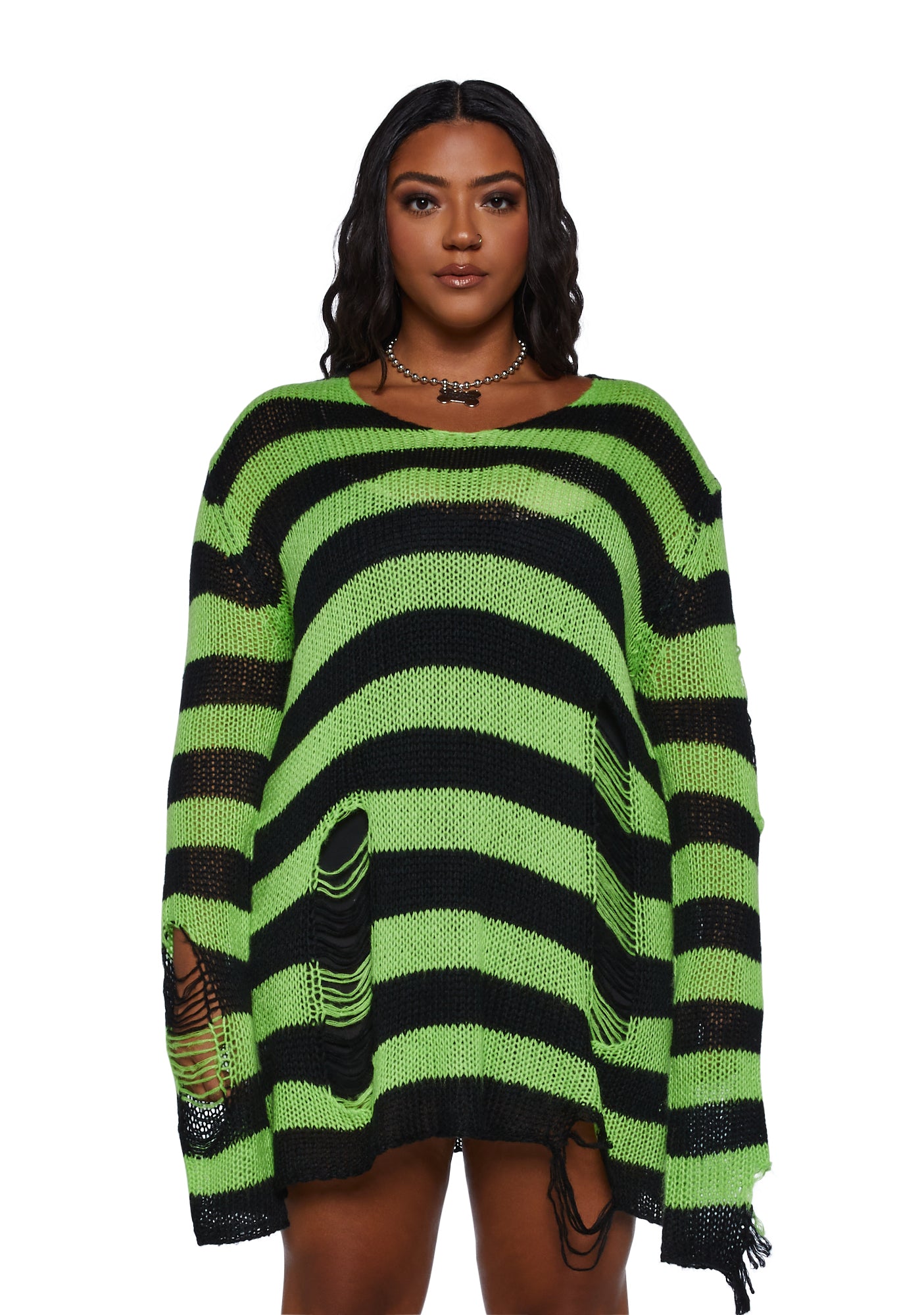 Green and store black striped sweater