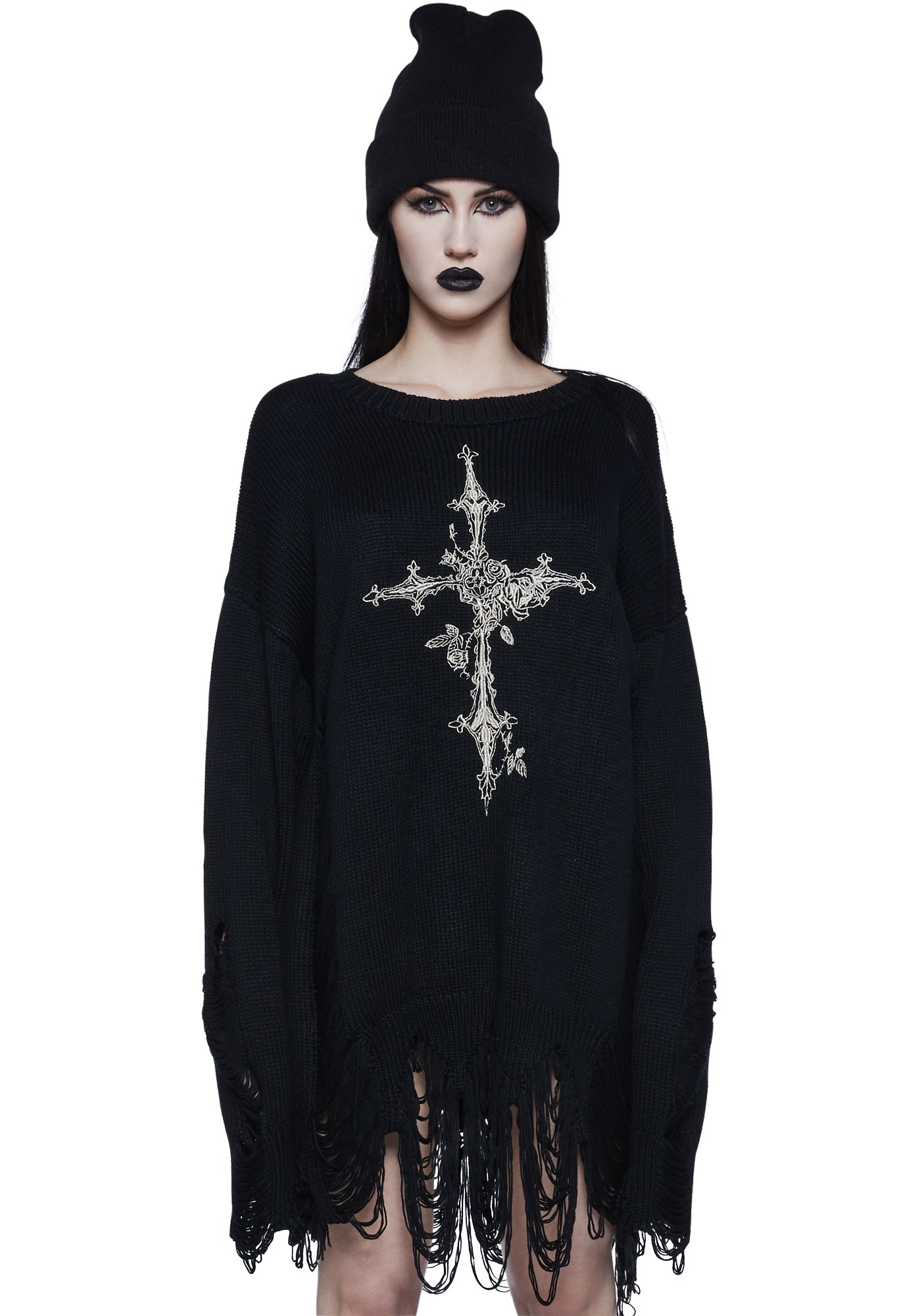 Widow Halloween Distressed Gothic Cross Sweater Dress - Black