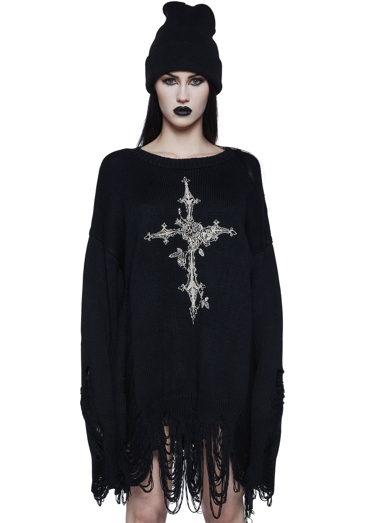 Widow Halloween Distressed Gothic Cross Sweater Dress