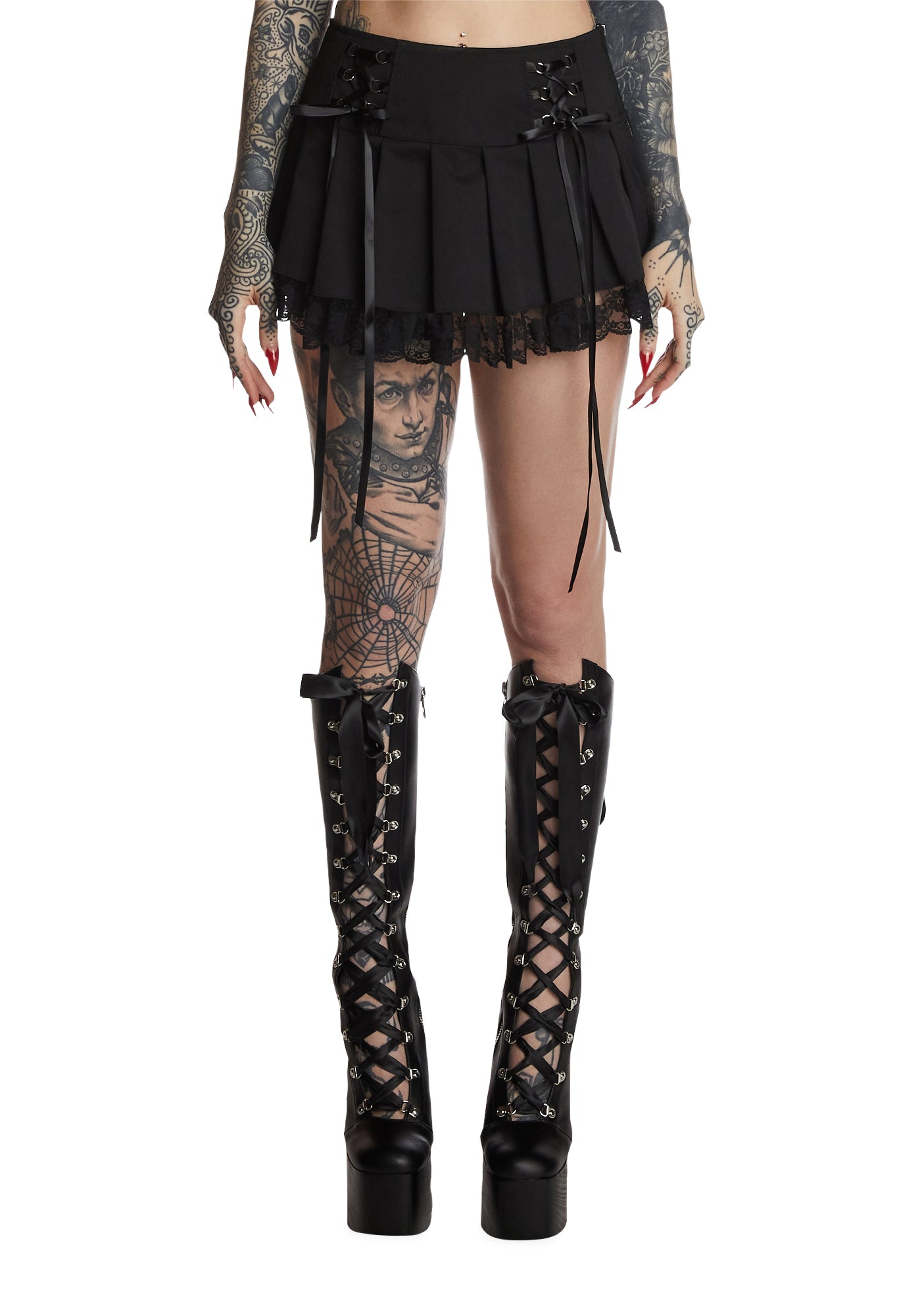 Widow Lace Trim Pleated Skirt - Black